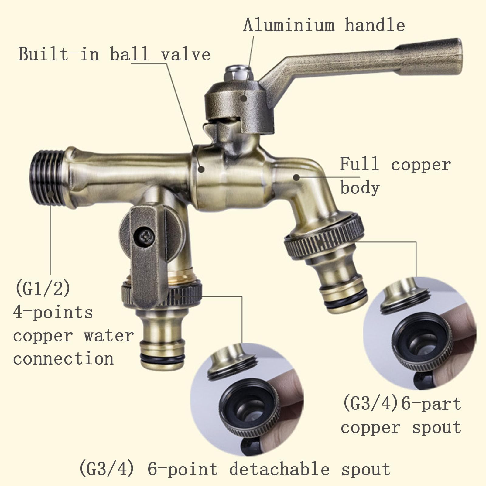Rubinetto da esterno antiruggine e antigelo, Valvola a sfera for rubinetto da giardino in ottone anticato, ingresso 1/2 pollice, uscita 3/4, resistente al gelo