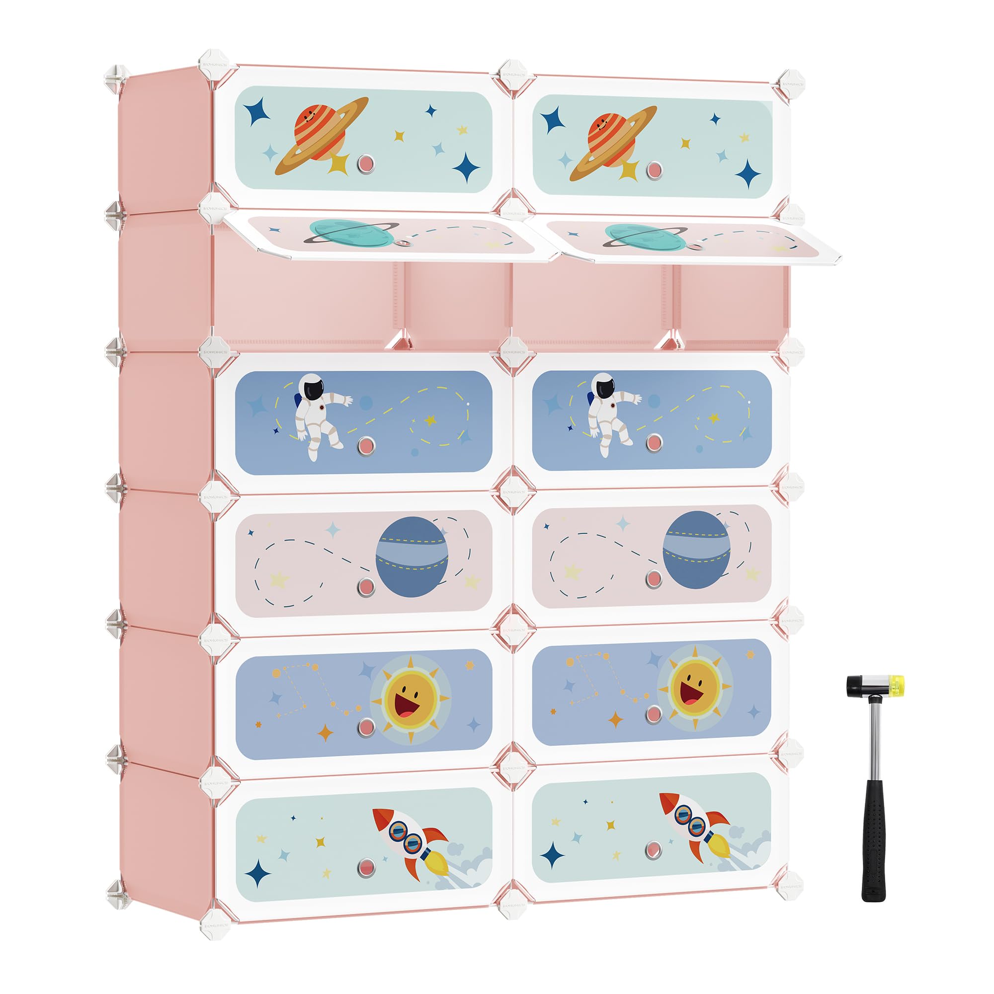 SONGMICS LPC907R01 Étagère modulaire à 12 Cubes en Plastique avec Portes pour vêtements, Chaussures, Jouets 31 x 81 x 106 cm Rose
