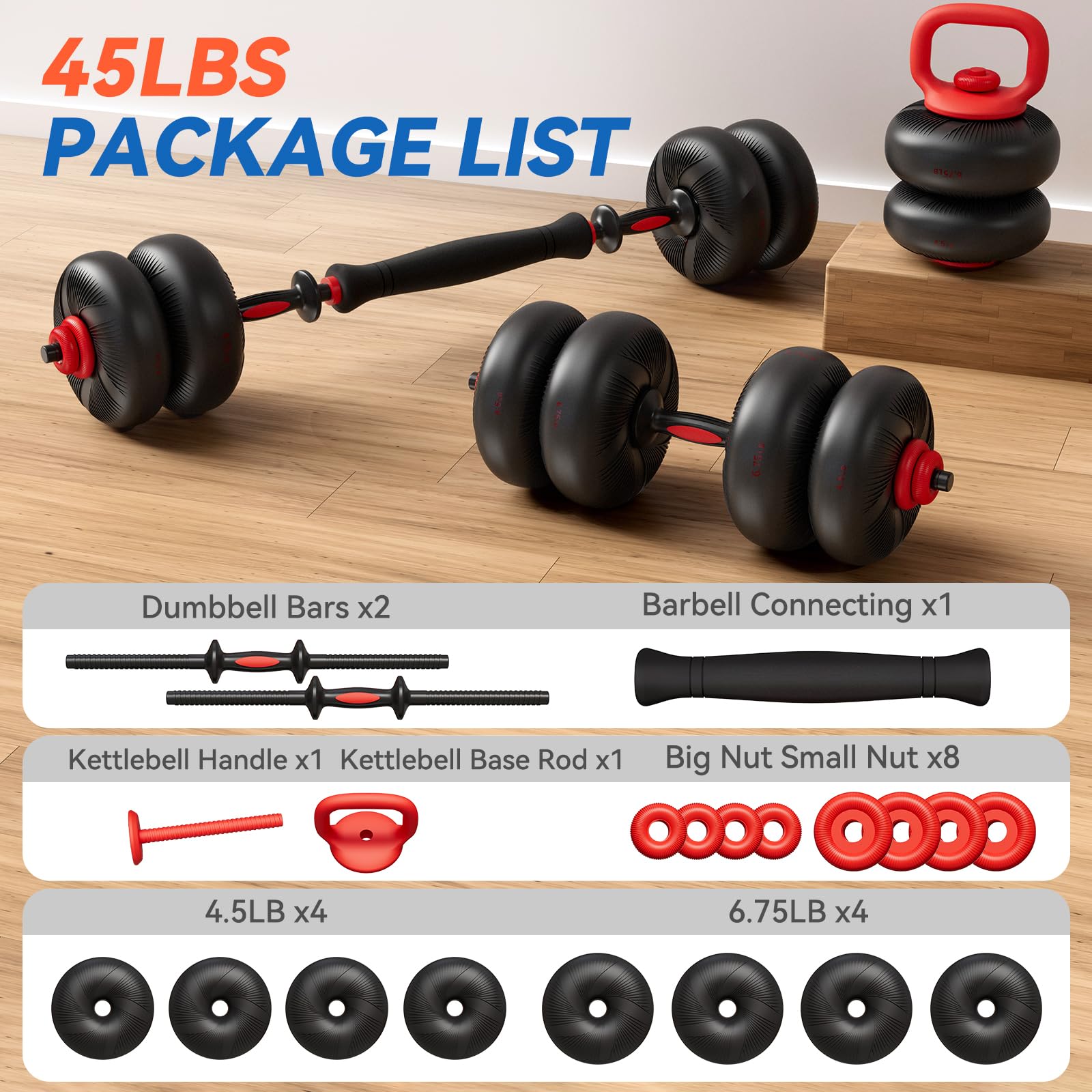 LIFERUN Set di manubri regolabili, 20,4 kg/30,4 kg, set da palestra a casa, 4 in 1 utilizzati come bilanciere, manubri, kettlebell, dischi pesi, morbido rivestimento in PVC, salvaspazio, esercizi