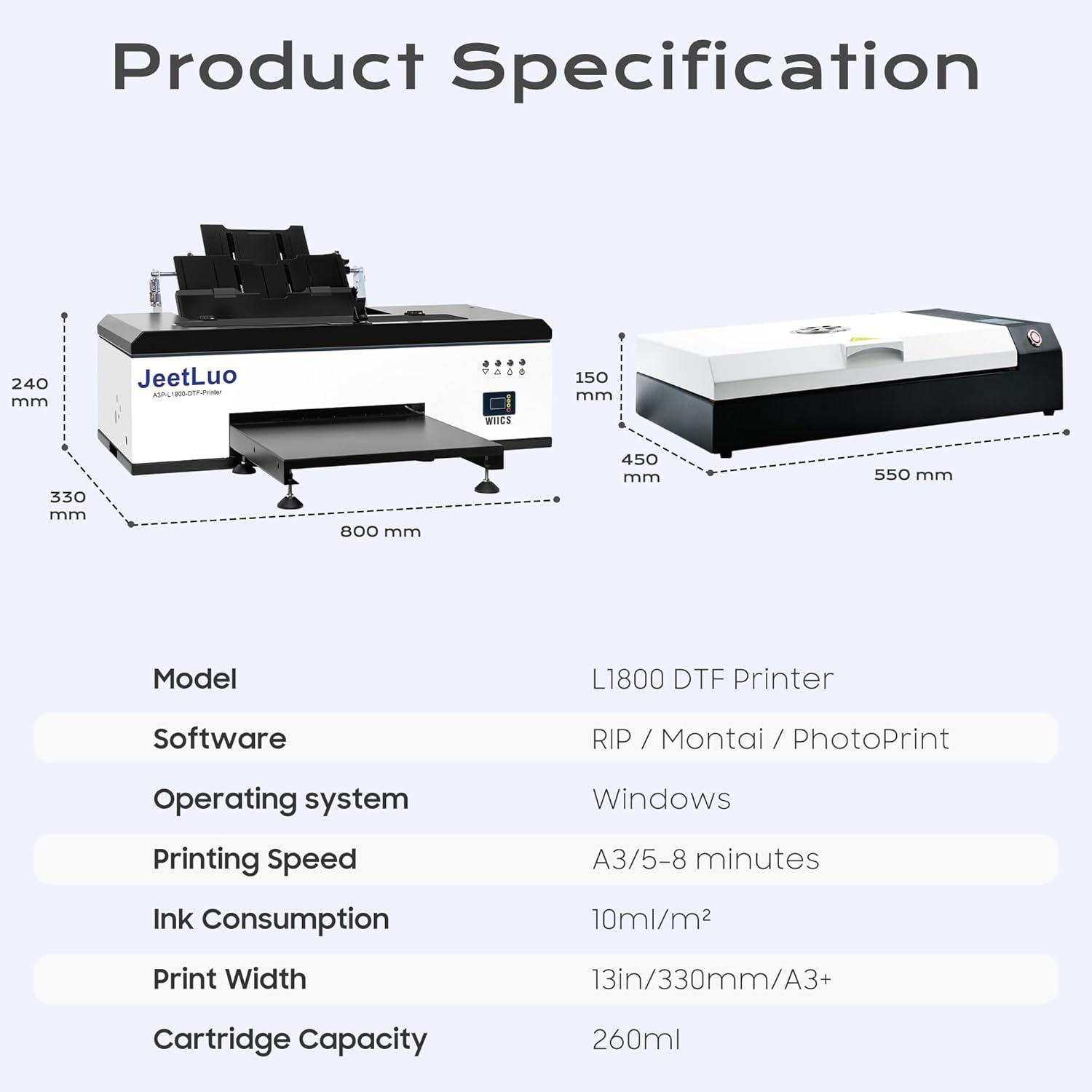 L1800 DTF Printer, A3 DTF Transfer Printing Machine, 13'' T-Shirt Clothing Printing Machine, Direct to Film Printing (Includes Printer+Oven+Heat Press+Consumables)