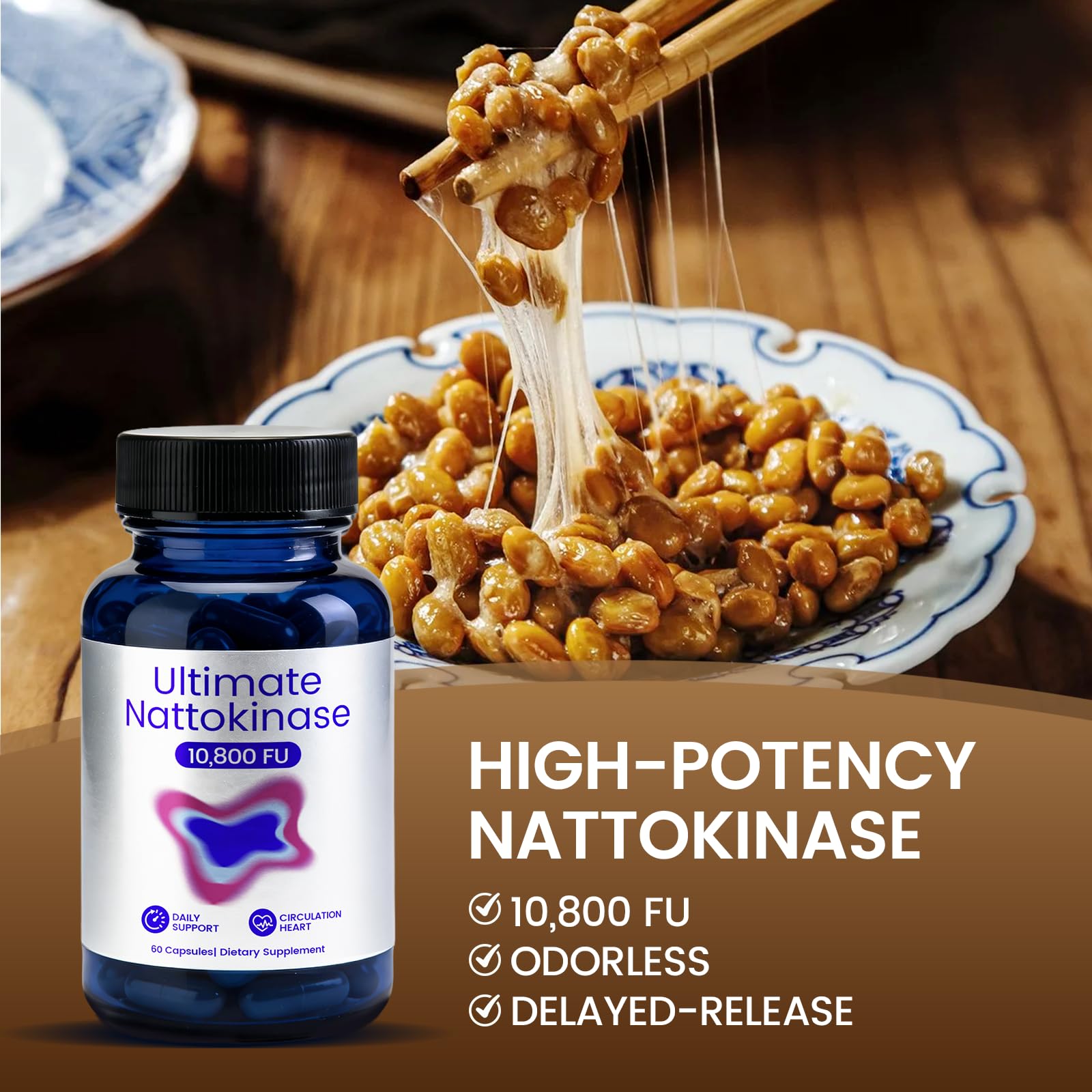Ultimate Nattokinase 10800 FU Supplement, Natural Support for Circulation & Cardiovascular Health, Odorless Fermented Soy Enzyme, Easy Daily Routine, 60 Capsules — Amazon image 3