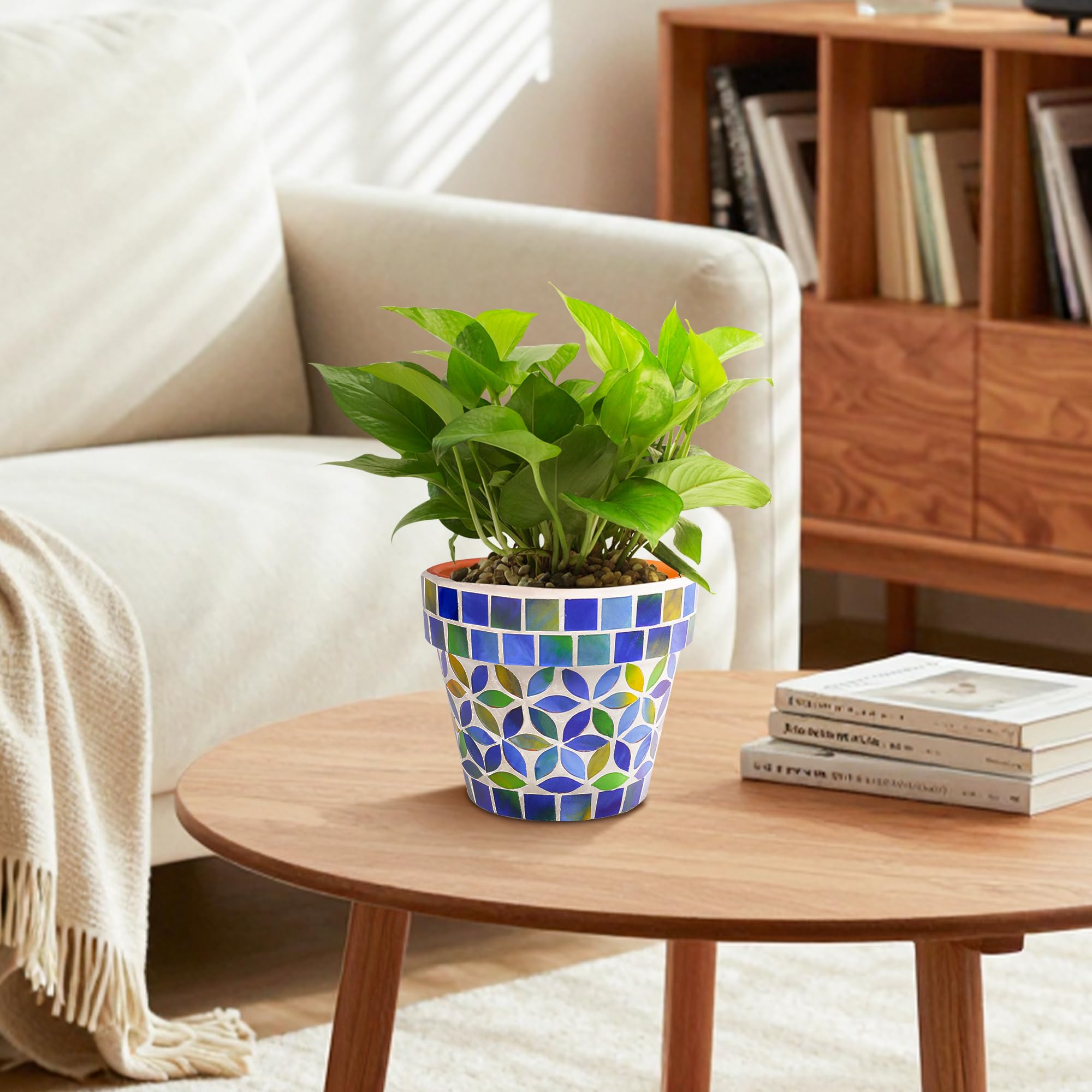 Kleiner Mosaik Blumentopf Blumentöpfe Keramik Pflanzgefäß mit Drainageloch Kleiner Keramiktopf für Innen Außen Pflanzen Sukkulenten Töpfe Blau mit Blumen Design