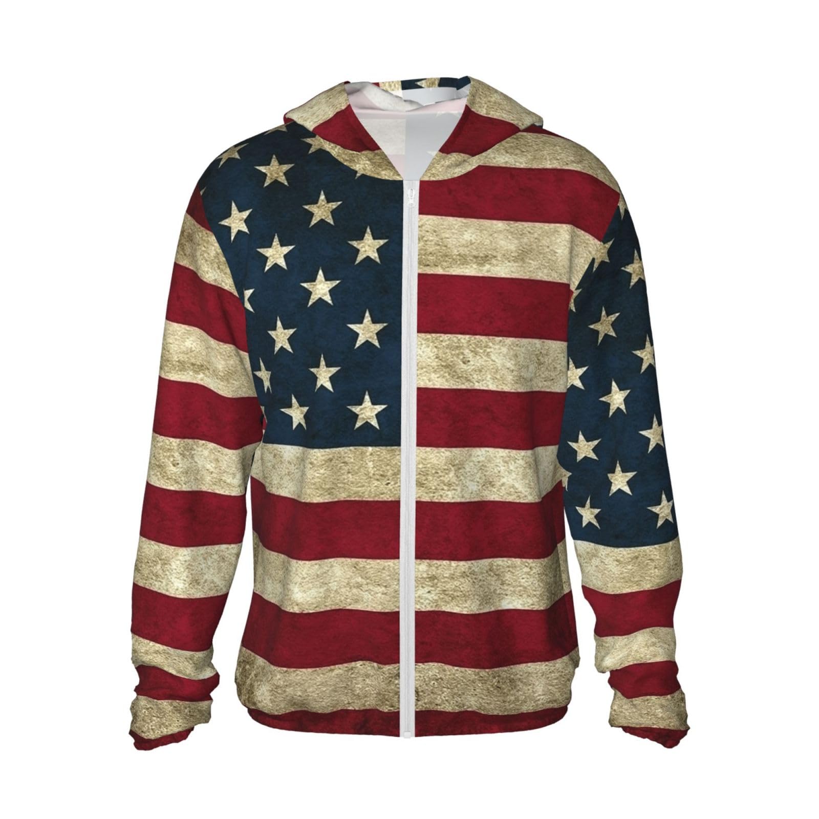 Unisex Sun Protection Hoodie, American Flag Patriotic USA Pattern Quick-Dry UV Hooded Zip-Up Outdoor Jacket