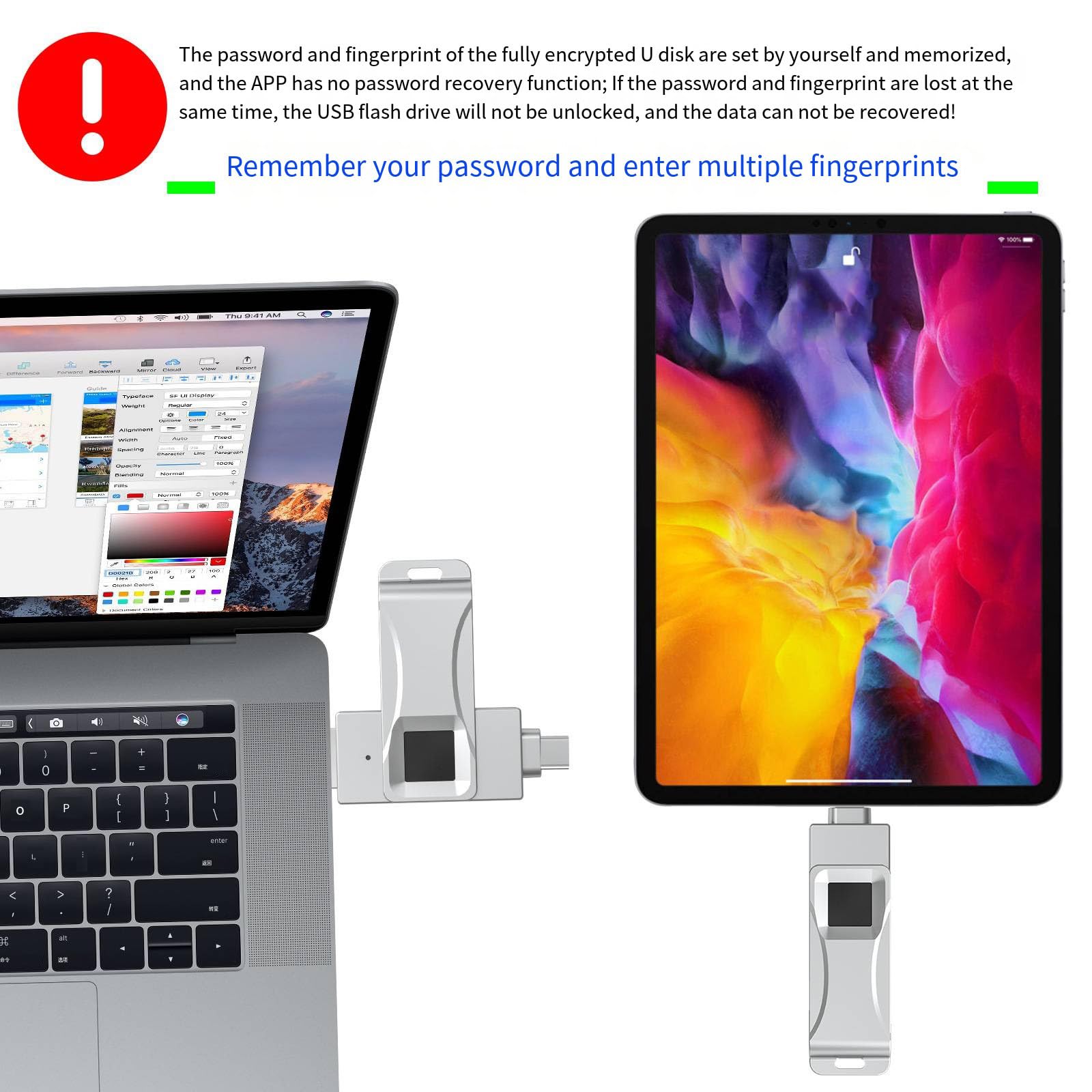 Pamięć flash USB typu C USB2.0 dwuportowy metalowy dysk szyfrujący odciski palców U dysk do smartfona PC Laptop, dysk U,128GB