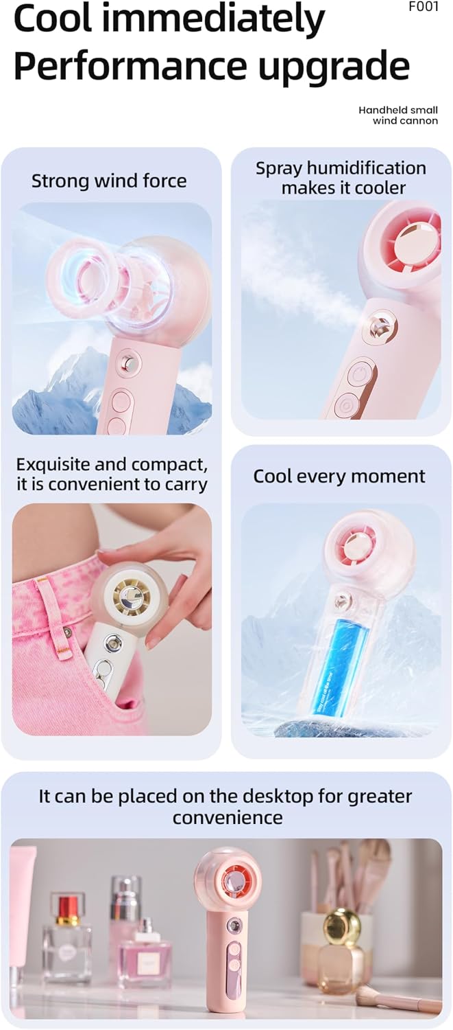 Portable Handheld Misting Fan, Rechargeable Personal Mini Fan with Mist, 4 Speed Turbo Powerful Cooling Fans with Water Spray Tank for Travel, Home, Office, Outdoor, Camping, Beach (Pink)