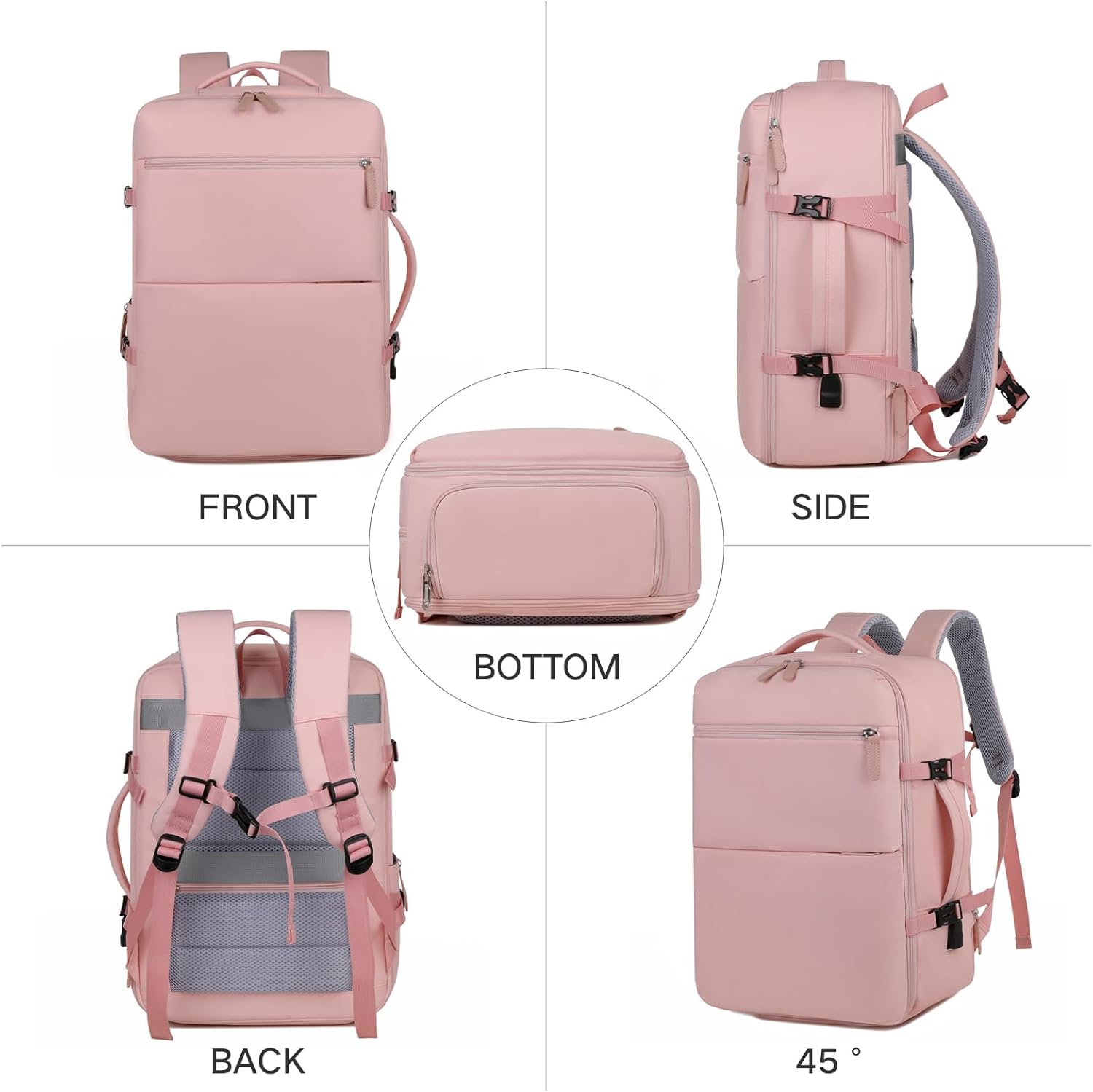 travel backpack for women, carry on luggage with usb charging hole, waterproof laptop backpack medium minimalistic pink01