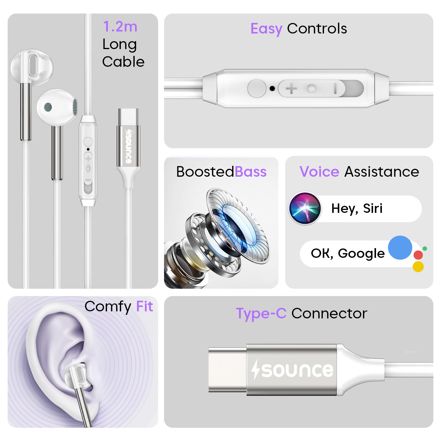 Sounce HyperC Type-C Wired Earphones with 14.2mm Dynamic Drivers, HD Mic, Deep Bass Stereo Sound, Ergonomic Noise-Isolating Earbuds, TPE Cable, Smart in-Line Controls for Superior Audio (White) — Amazon image 2