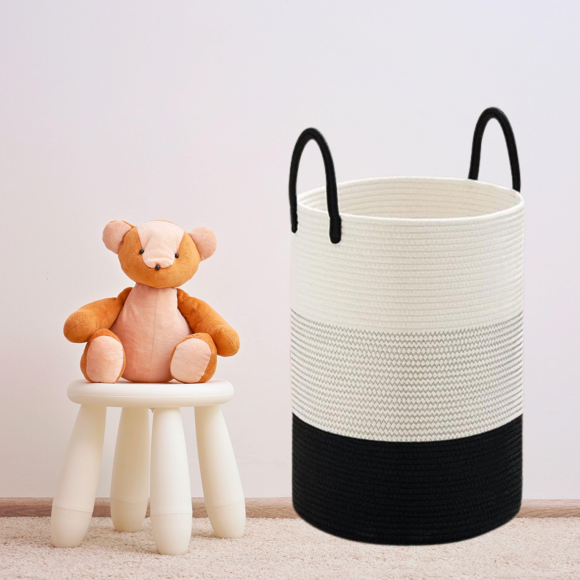 Laundry Basket With Handles Large Woven Cotton Rope Tall Nursery Hamper Storage Bag For Dirty Clothes Blanket Baby Kids Toy Living Room Towels Bin (White, Grey, Black, 12" X 14")-image-23