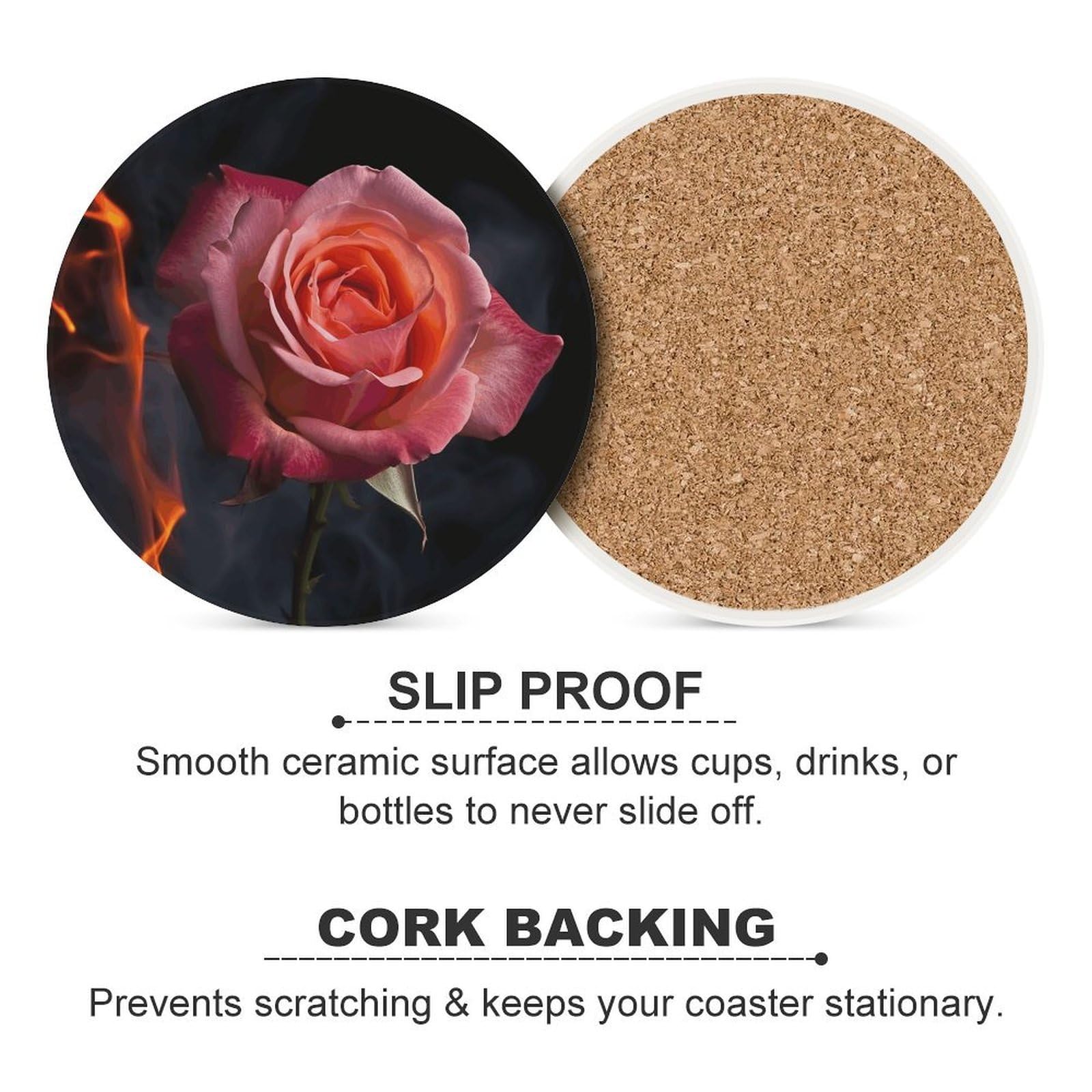 Rose4 - Sottobicchieri con supporto per tavolino da caffè, sottobicchiere in ceramica con base in sughero, sottobicchiere in ceramica per bevande fredde o calde, 10 cm