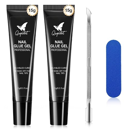 QZQETET Solid Nail Glue Gel 2PCS - Lamp Curing Nail Adhesive for Press On & Acrylic Nails, Clear U V/LED Nail Glue for 3D Nail Art & Chrome Powder & Rhinestone, Long Lasting Professional Salon