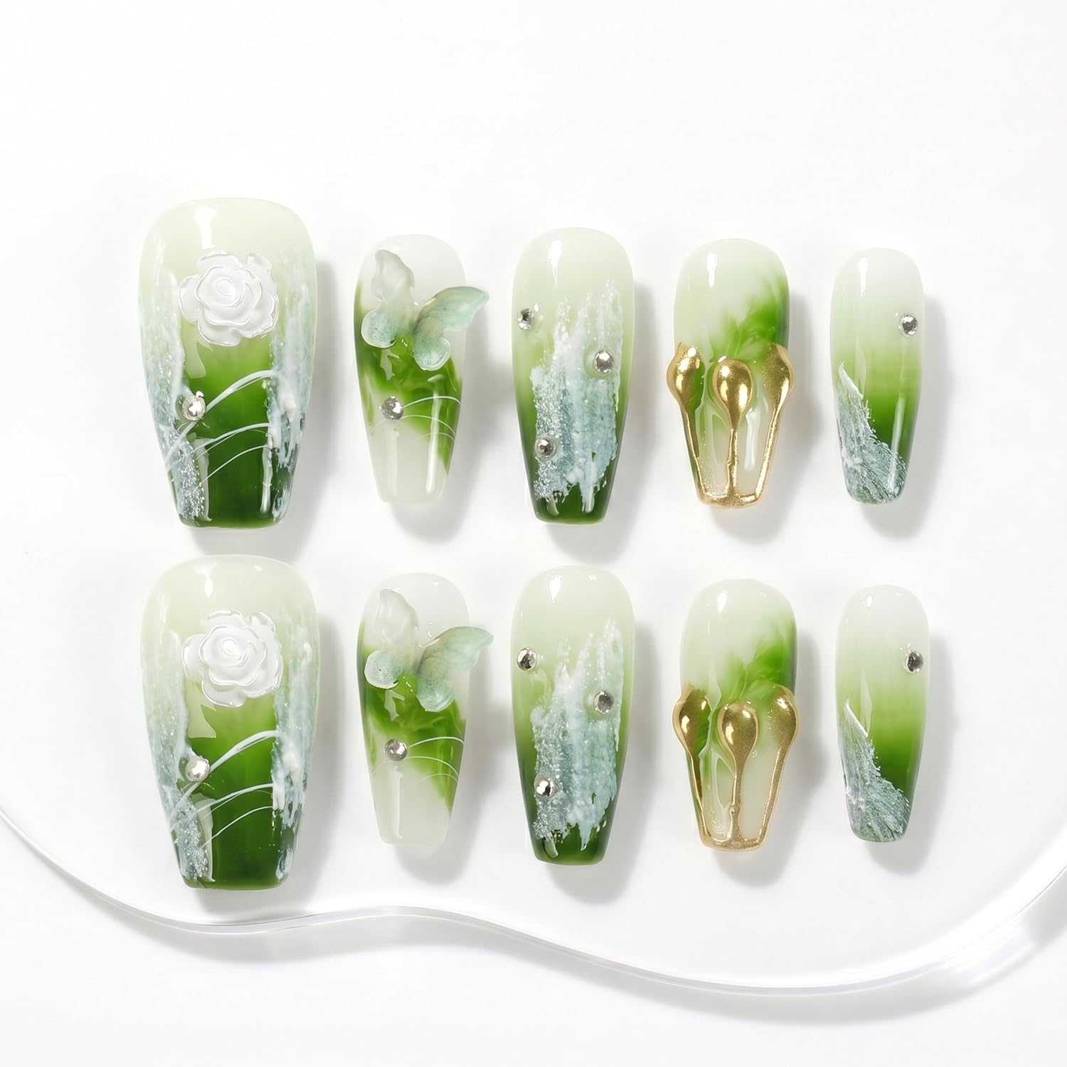Sun&Beam Press On Nails Ballerina Green Flower Design