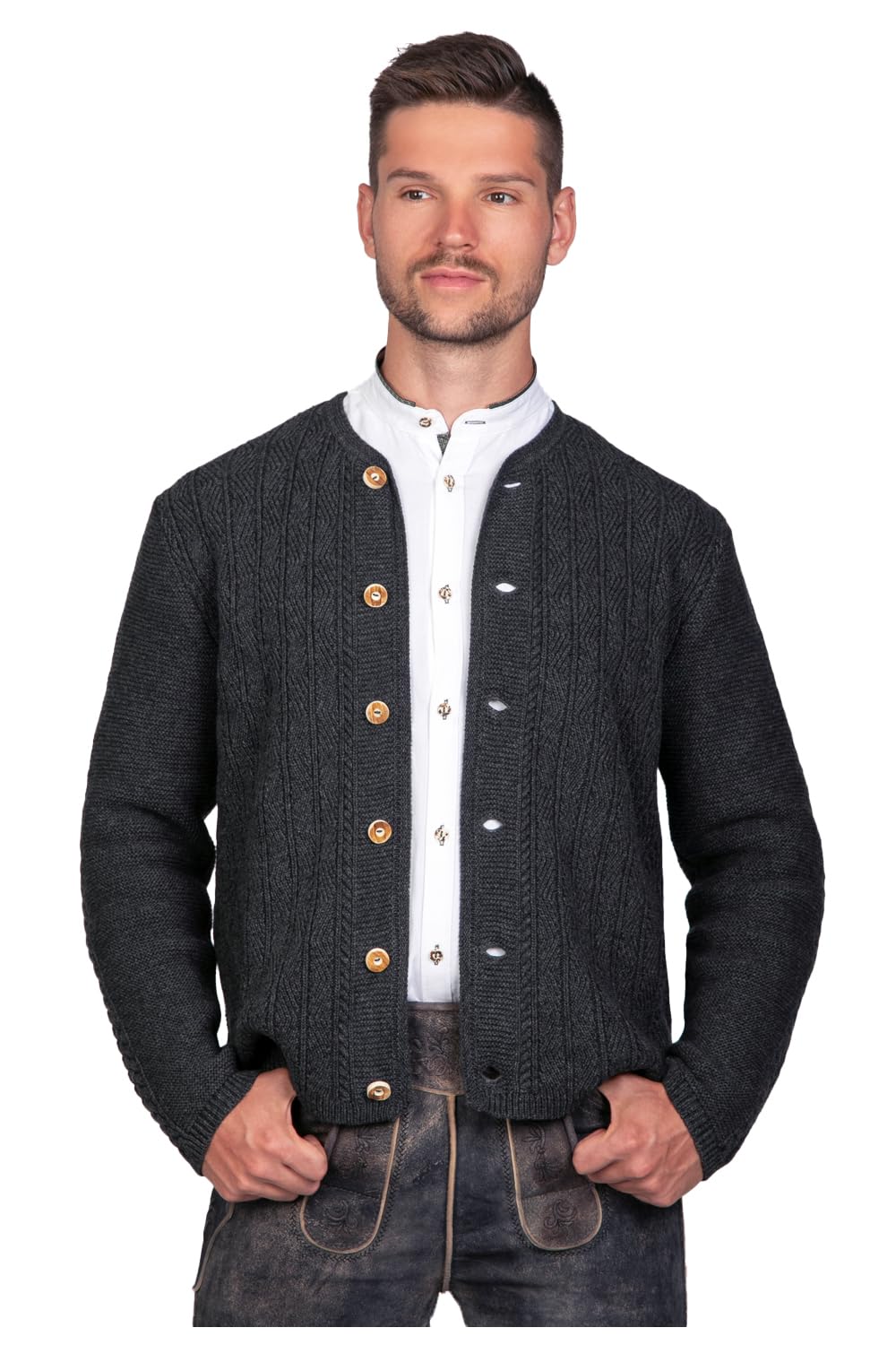 Edelnice Trachtenmode Moderne Trachten Strickjacke Leo in Dunkelgrau oder Rauchgrau