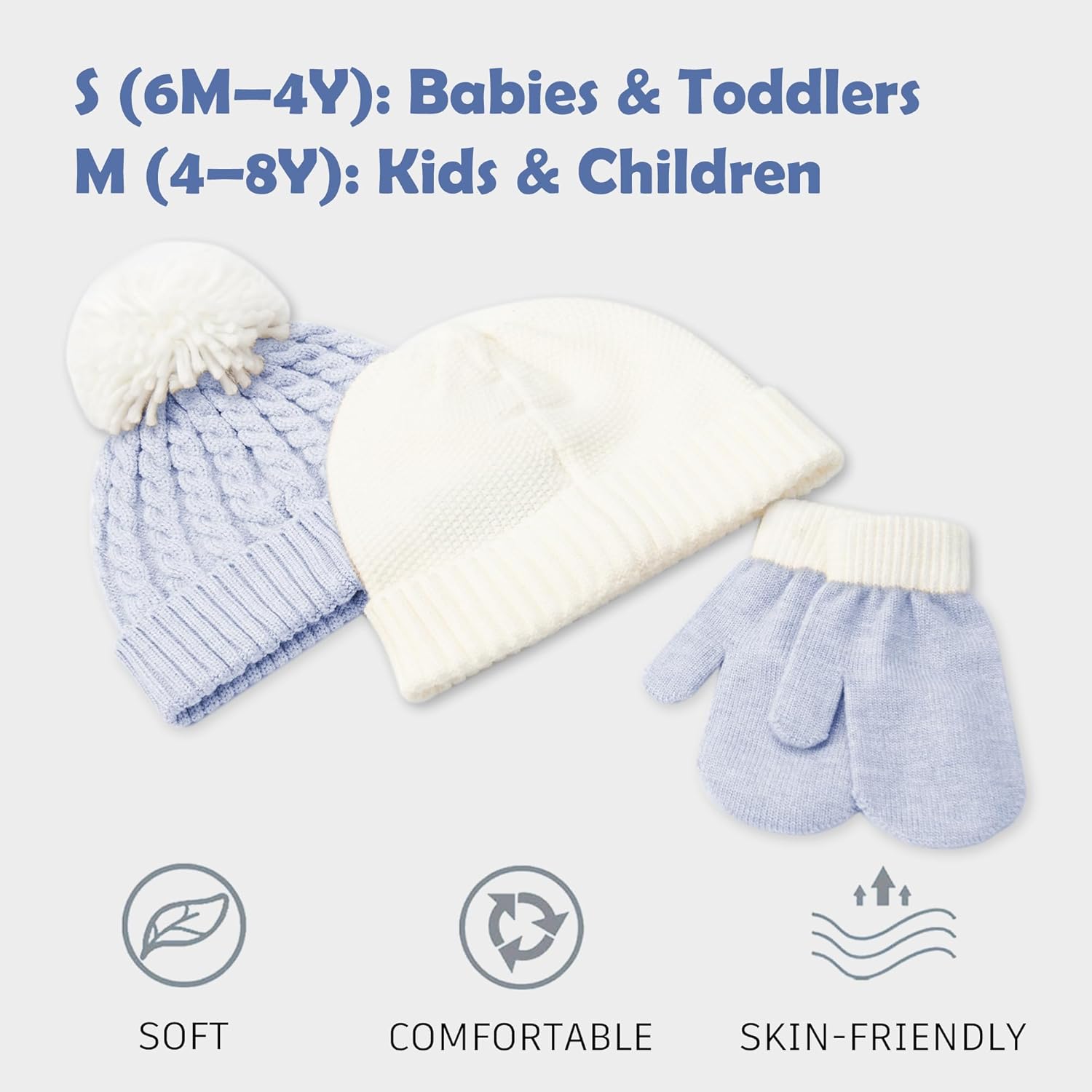 3 Pack Kids Winter Warm Beanie & Mittens Set, Soft Cable Knit Hat For Children's Toddler Baby, Cozy Girls Boys Cap & Gloves - Image 2