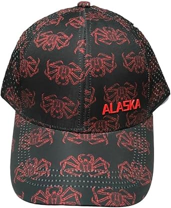 Robin Ruth Quality Ball Cap Hat Alaska Nylon Like Mesh Snap Back Black with All Over Red Crab