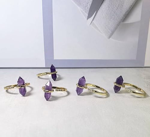 Miniatura 3 de Natural Amethyst Ring, Hexagonal Amethyst Crystal Ring for Women, Handmade Adjustable Gold Purple Ring for Amethyst Jewelry, February Birthstone