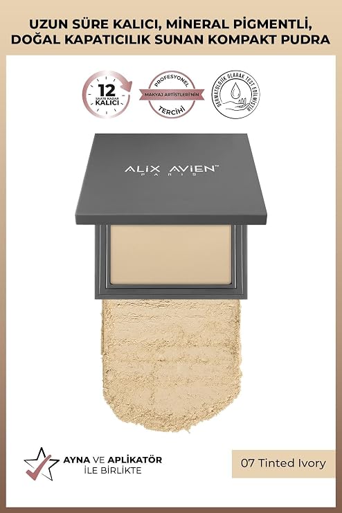ALIX AVIEN Kompakt Pudra - 12 Saate Kadar Kalıcılık - Nötr Cilt Alt Tonu - Compact Powder 07 Tinted Ivory