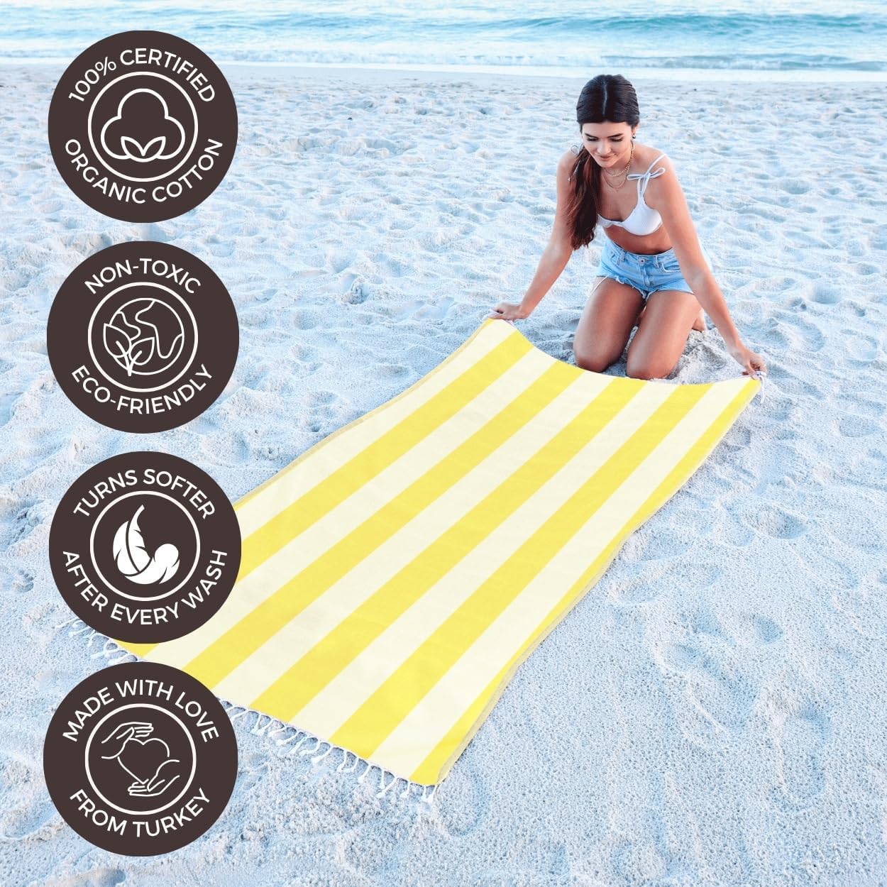 FESHKA Cabana Stripe Beach Towel – Turkish Towel, Sand Free, Quick Dry, Lightweight Organic Cotton Peshtemal, 37x67 Oversized Striped Towel for Beach, Pool, Bath & Gym (Yellow)