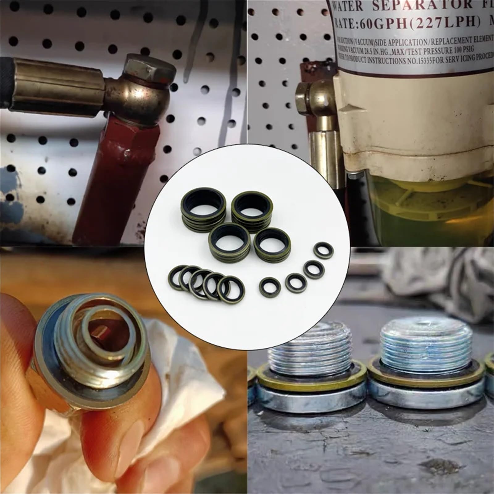 Retn de Aceite Arandela Adherida para Tubería Aceite Caucho Hidráulico Alta Presión, Compatible con Anillos Sellado M6-M14 M24 Combinados Juntas Tóricas de Arandelas(100PCS M5-M16)