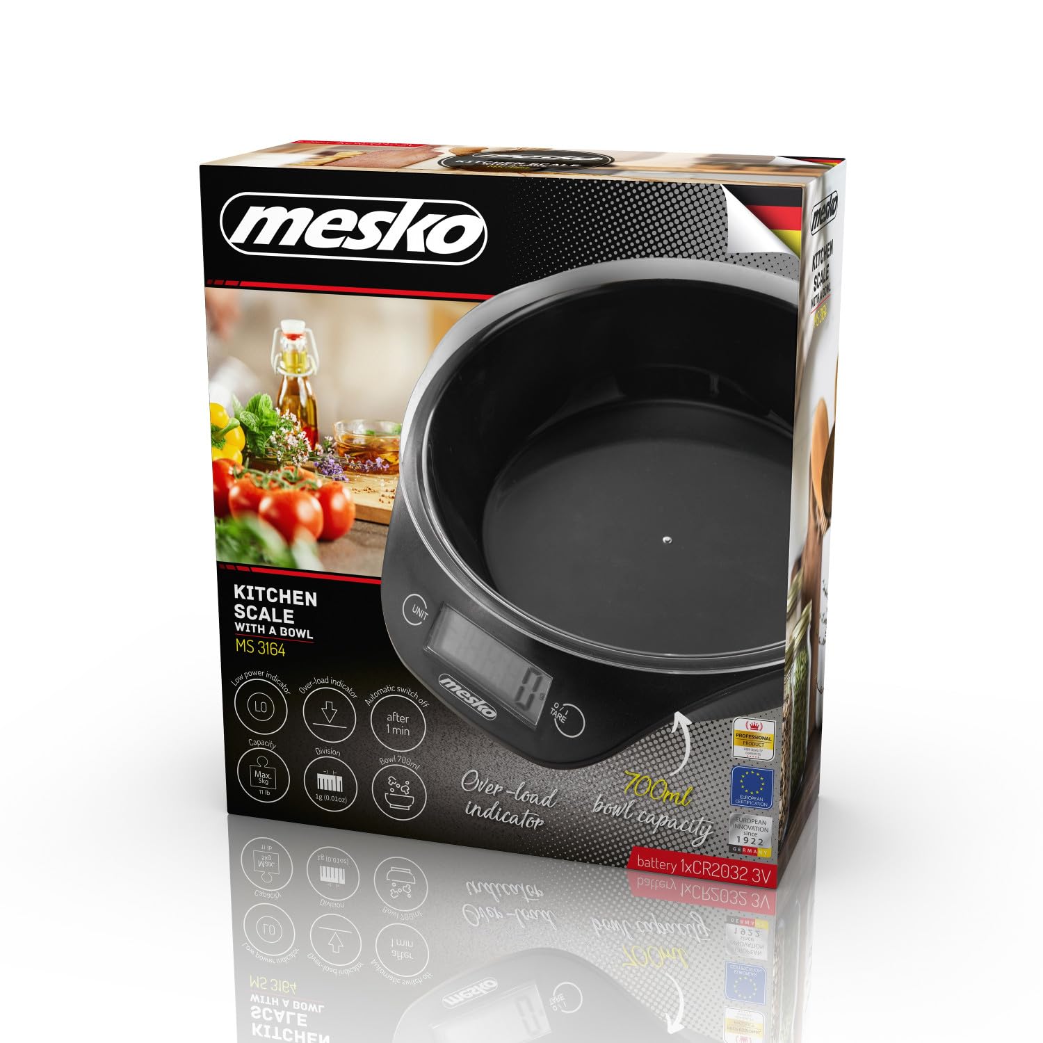 Mesko MS 3164 waga kuchenna z miską 700 ml, maksymalna waga 5 kg, cyfrowa, precyzyjna waga do gospodarstwa domowego z funkcją tarowania, waga elektroniczna, precyzja do 1 g, czarna, 21 x 19 x 6 cm
