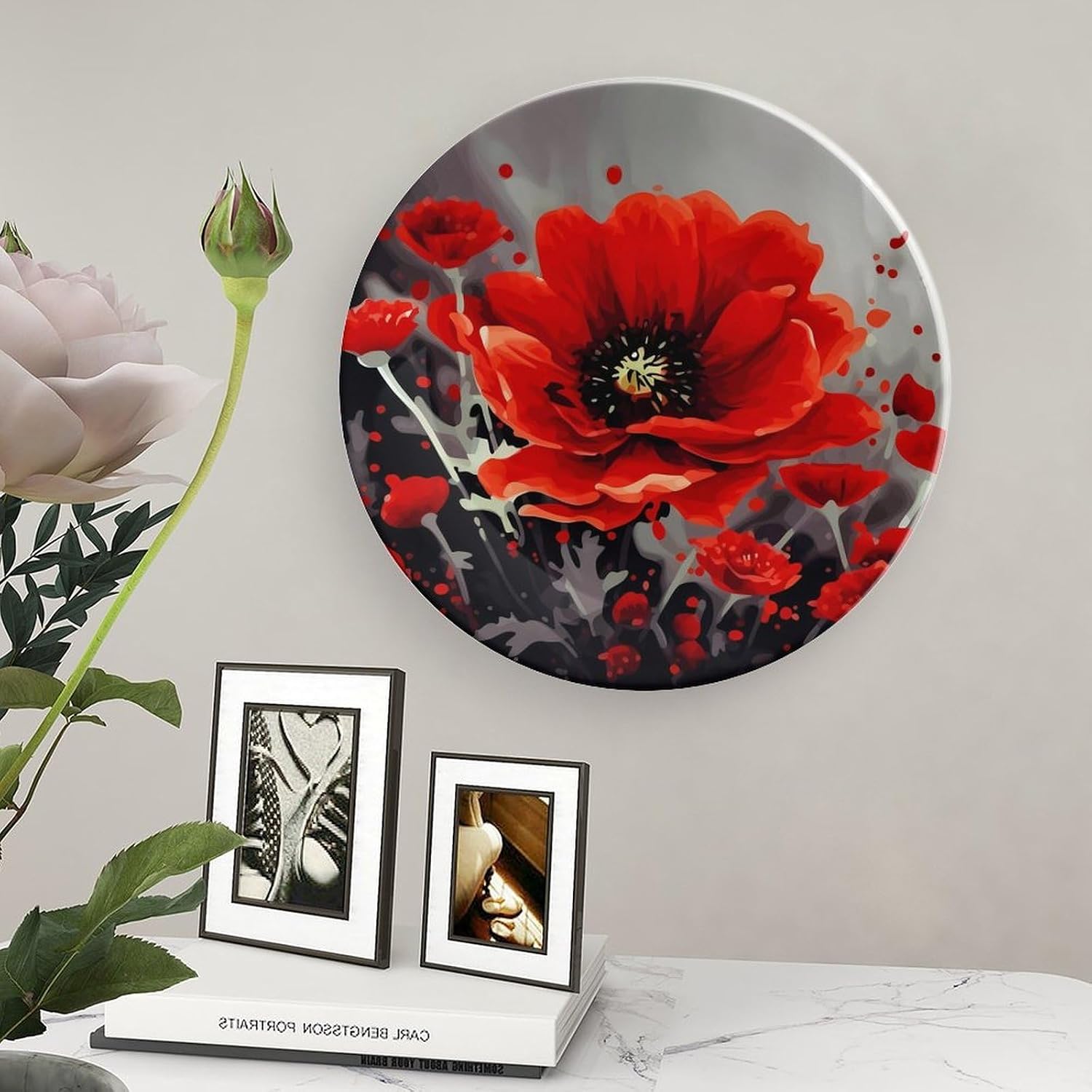 Dancing Red Flower Ceramic Decorative Plate for Home, Bone China Plates | Chinese Style Decorative Dish with Stand, Dinner Plates Art Crafts for Wall Decor, Collections Plate with Hook 8inch