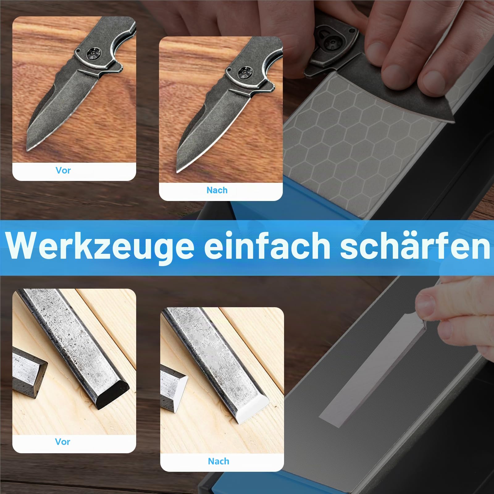 KITANIS Diamant-Schleifstein, 3-seitig, Körnung 400/1000/6000, hochwertiger industrieller Diamant- und Keramik-Schleifstein, Messerschärfer, Stein mit Kantengriffhalter und rutschfester Unterseite