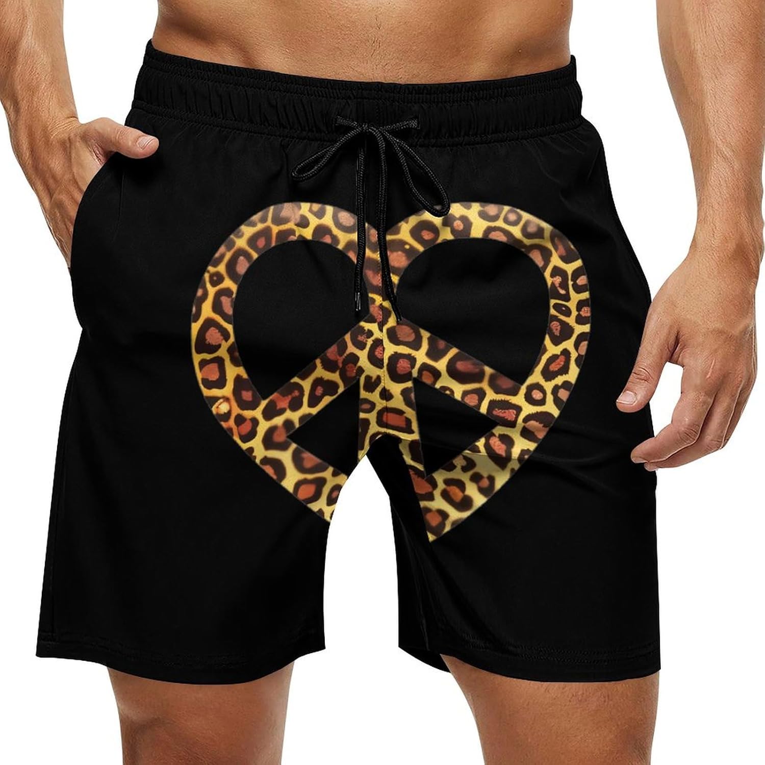 Peace Sign Love Leopard Casual Men's Swim Trunks Novelty Summer Beach Shorts Swimwear with Pocket