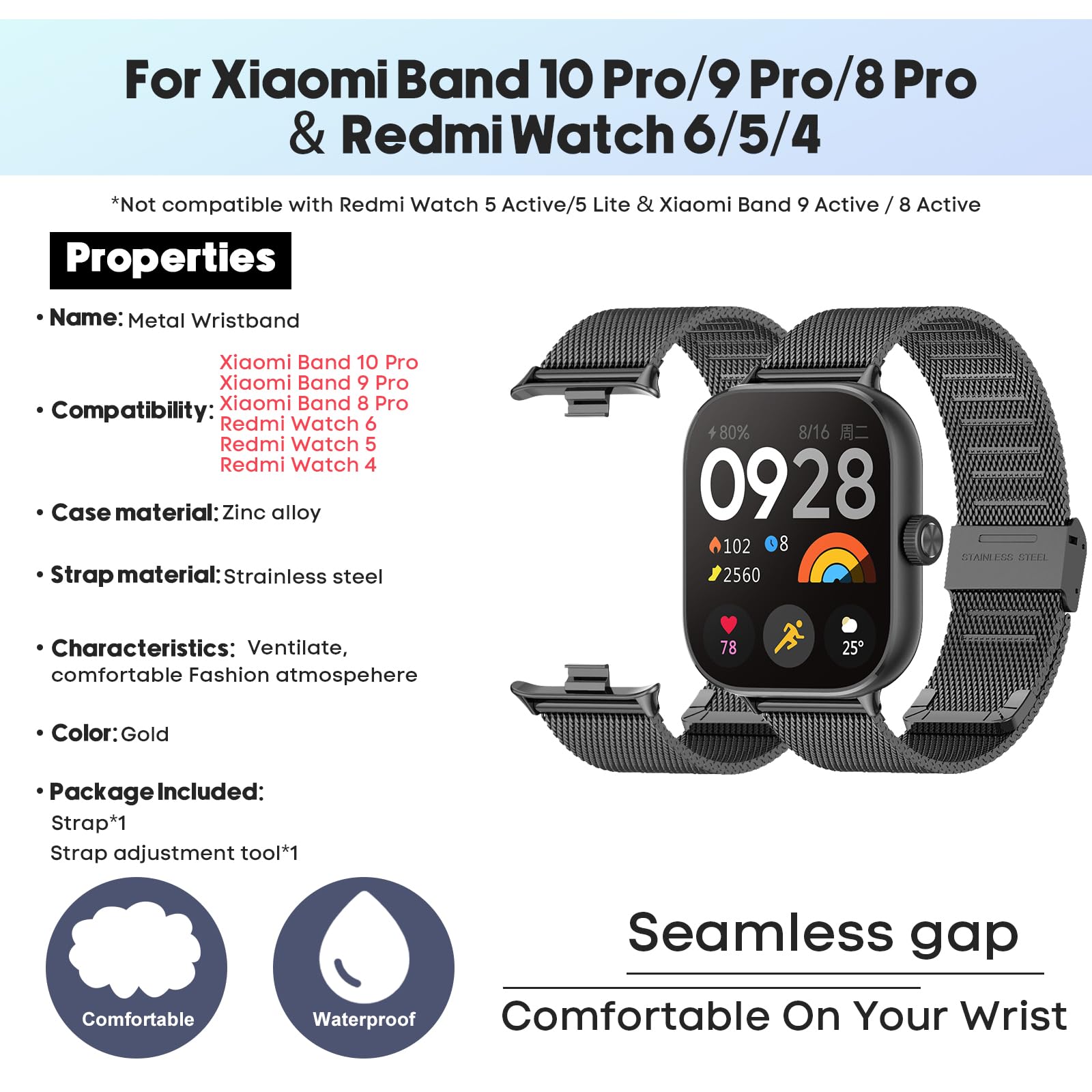 BDIG Métal Bracelet Compatible avec Xiaomi Redmi Watch 6/5/4, Bracelet en Acier Inoxydable Remplacement Compatible pour Xiaomi Mi Band 10 Pro/9 Pro/8 Pro Noir