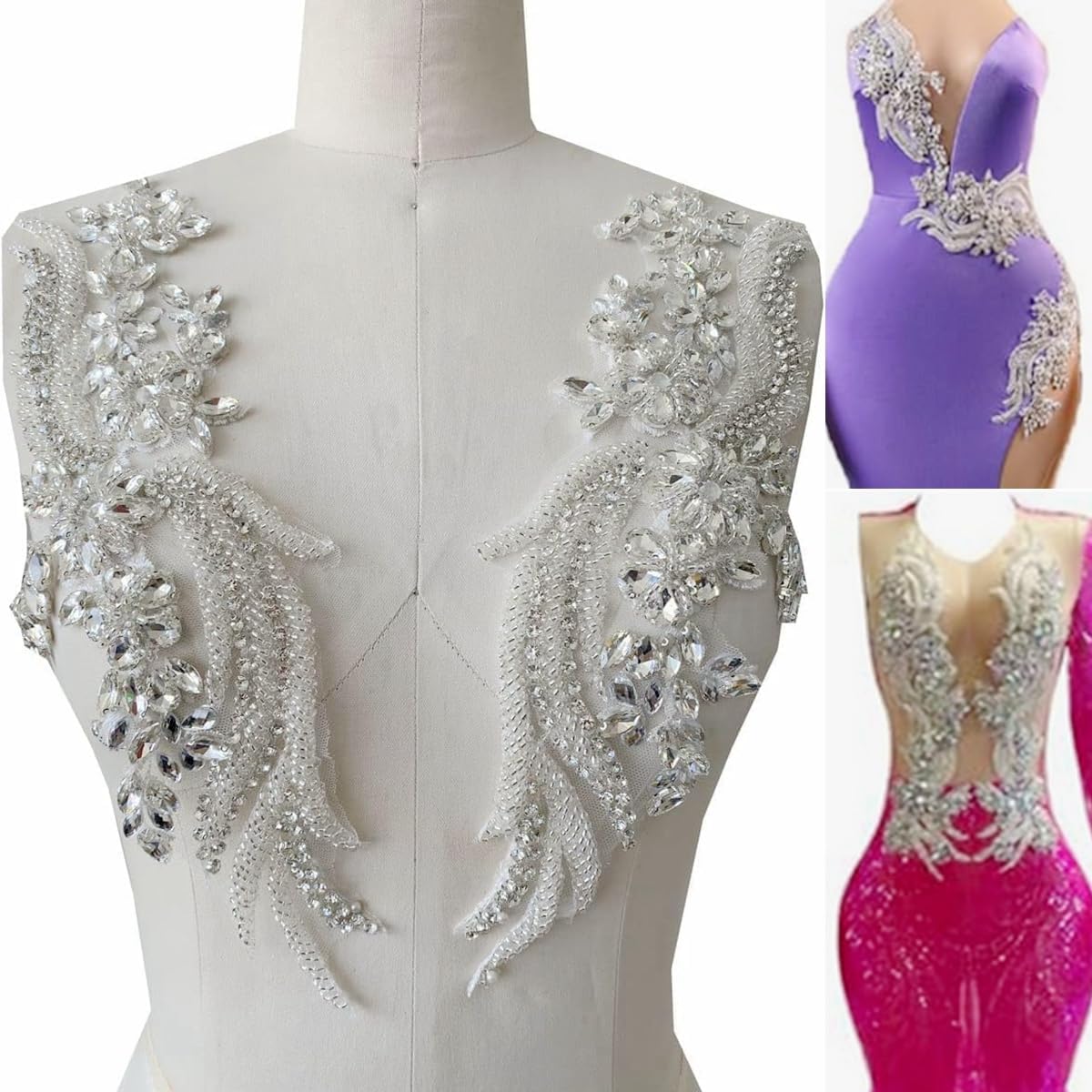 Handmade Rhinestones lace Applique handsewing Beads Trim Patches for Dress Clothing Accessories 35X12cm 1Pair/Bag