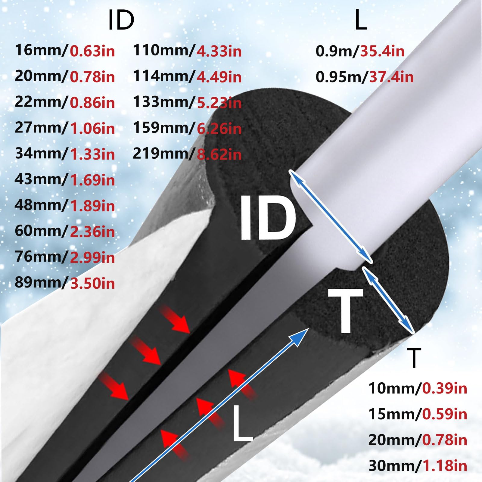 Tubo de Espuma Fundas Térmico para Tuberías Exteriores Coquilla Aislante De Papel De Aluminio Autoadhesivo de Aislamiento para Tubos De Agua Y Calefacción (ID) 27mm x (T) 30mm x (L) 0.95m