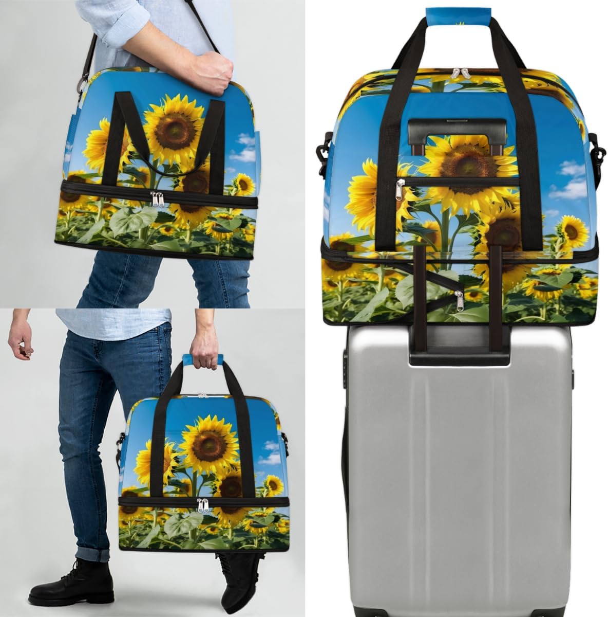 QsirBC Interesting Sunflowers Theme Gym Bag for Women Duffle Tote with Shoes Compartment Men Weekender Duffel for Dance Travel Sports Swimming Overnight