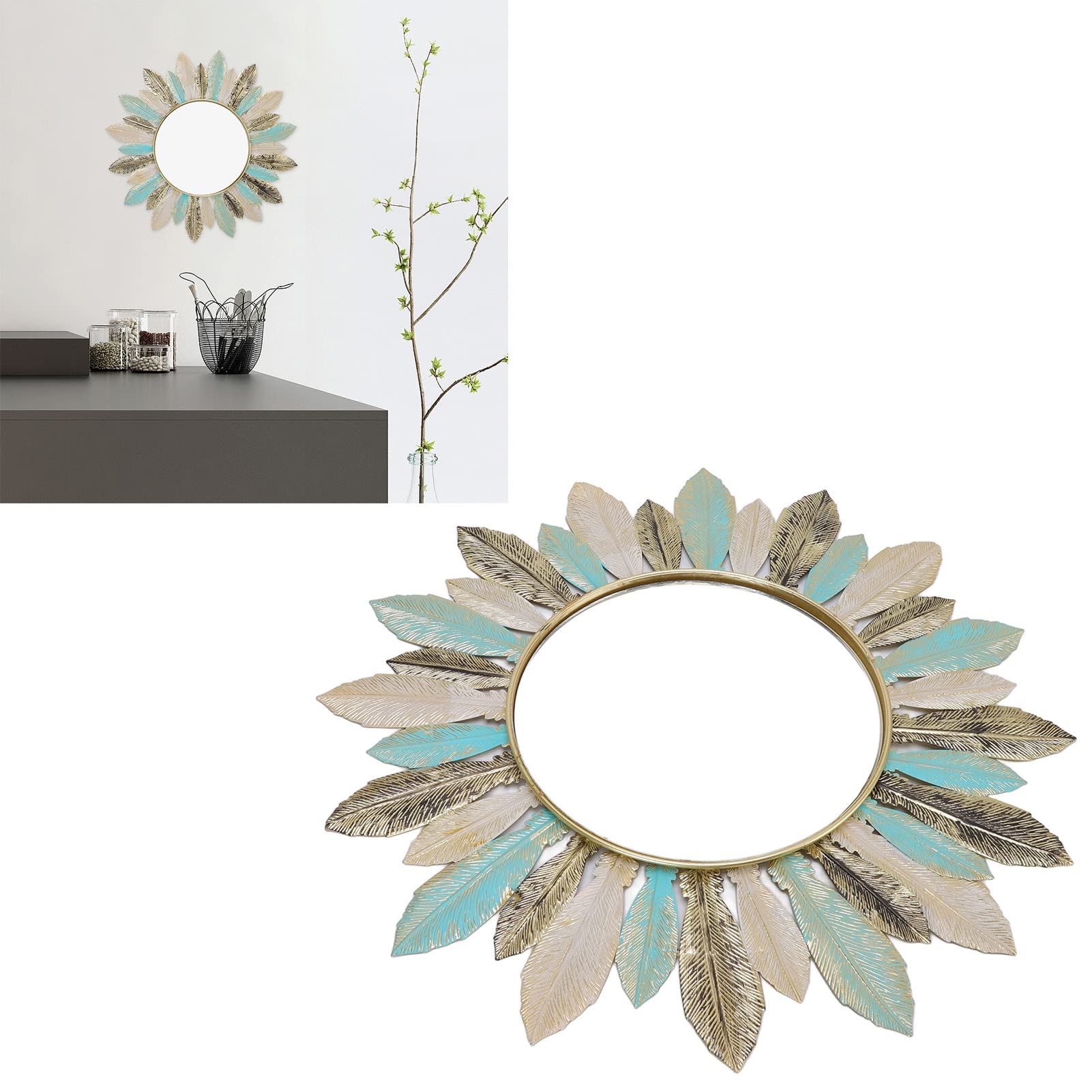 16.1in Metal Wall Decor, Iron Art Feather Mirror for Wall Decor, Wall Hanging Round Mirror, Decorative Circle Boho Metal Frame for Dinning Room, Dorm, Entryway, Apartment, Bathroom