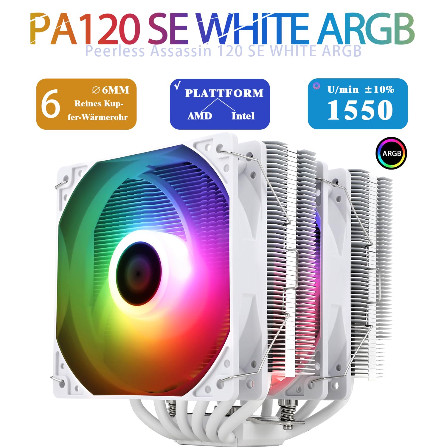 TR-Thermalright Peerless Assassin 120 SE White ARGB CPU, Dual Tower e Ventola con 6 Heatpipes,2 x 120 mm TL-C12CW-S PWM Ventola con 1550U/min-bianco, per AM5/AM4, Intel LGA1851/1700/115x/1200
