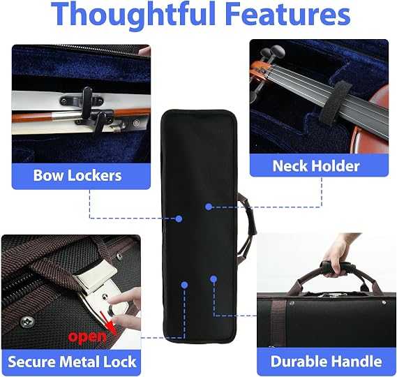 4/4 Full Size Violin Case, Lightweight Portable Carrying Bag, Oblong Professional Hard Case with Built-in Hygrometer, Shoulder Straps, Plush Lining for Students & Players, Black & Navy
