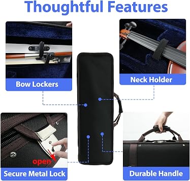 4/4 Full Size Violin Case, Lightweight Portable Carrying Bag, Oblong Professional Hard Case with Built-in Hygrometer, Shoulder Straps, Plush Lining for Students & Players, Black & Navy