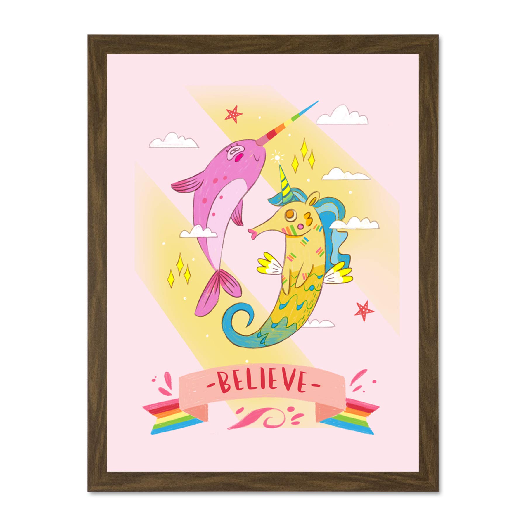 Wee Blue Coo Unicorn Seahorse Narwhal Believe Large Framed Art Print Wall Poster 18x24 inch