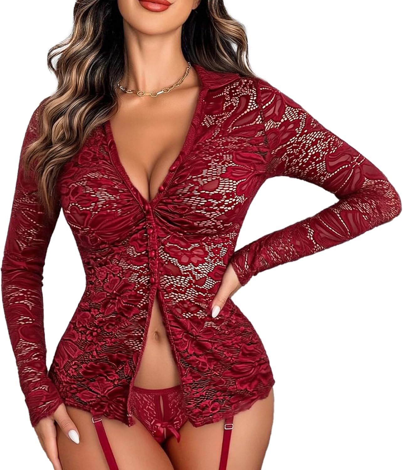 Lace Tops for Women Hollow Out See Through Button Long Sleeve Club Date Night Sheer Shirts Sexy Tops for Women 2026
