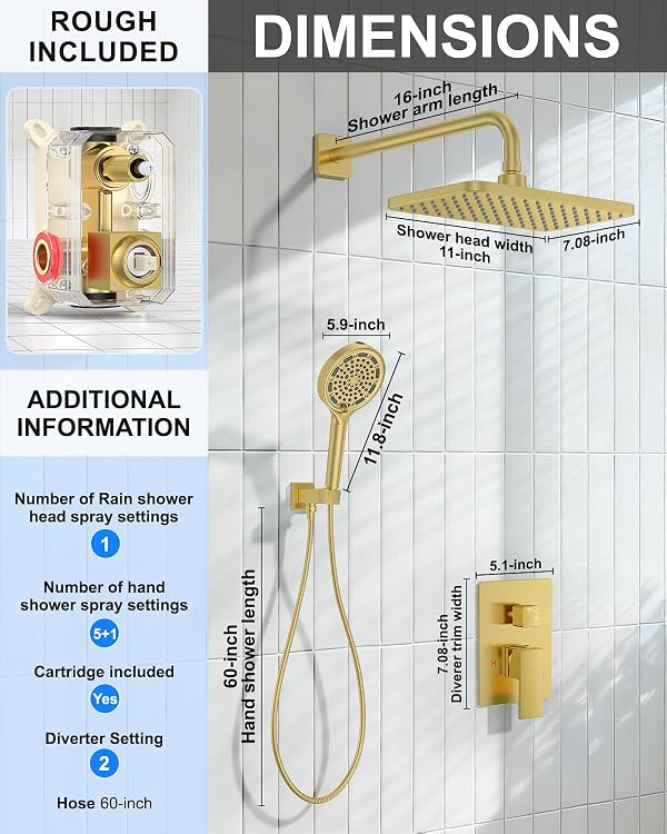 Brushed Gold Shower System Set - Complete with Valve Kit, Rainfall & Filtered Handheld Shower Head spray, Modern Bathroom Fixtures by KOJOX - Image 9
