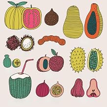 Wall Art Print Bright Tropical Fruit Set in Vector. Guava, Salak, Papaya, Rambutan, Tamarind, Feijoa, Litchi, Kiwa by smilewithjul, 16" x 16"