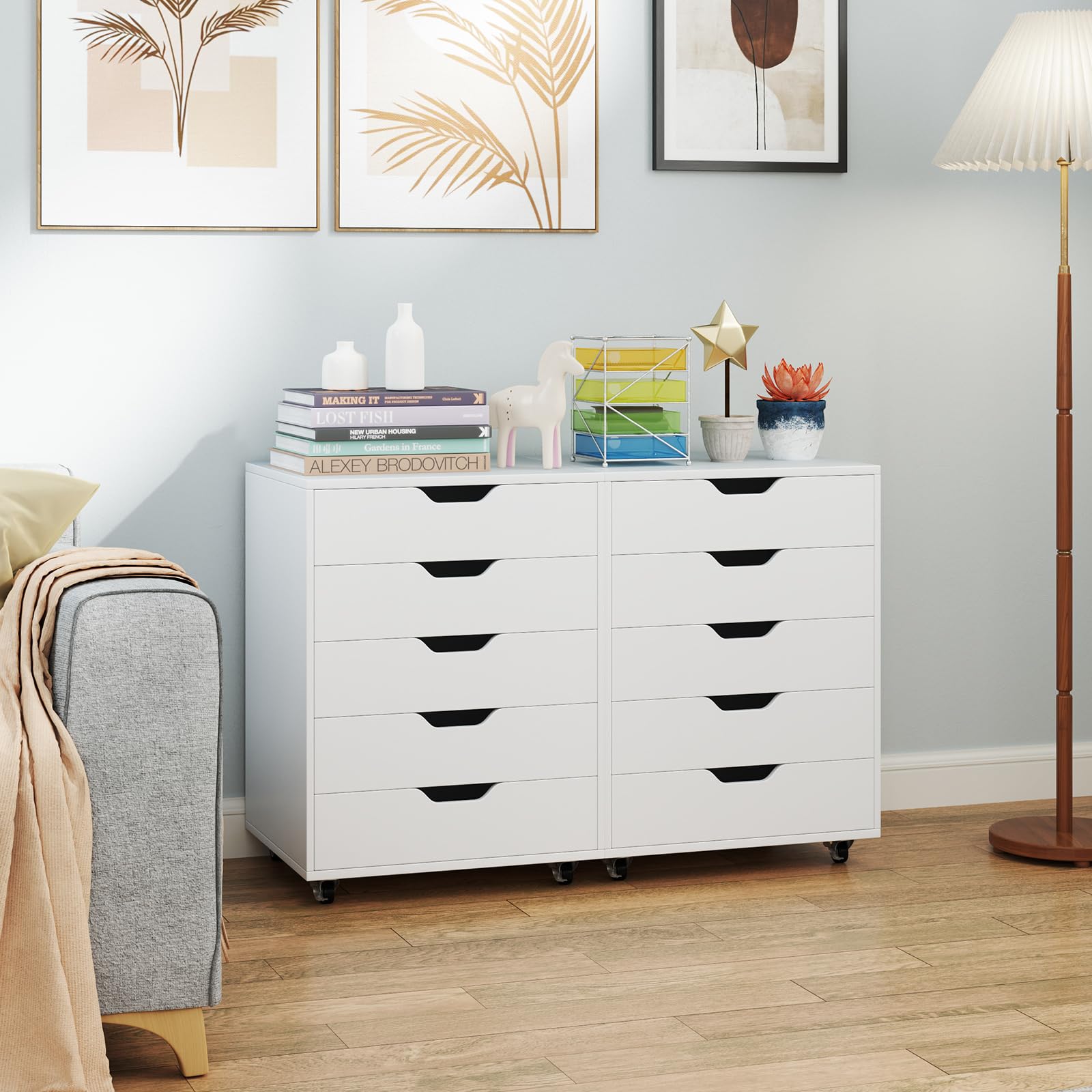 COSTWAY Cajonera de Oficina con 5 Cajones, Mueble Archivador con Ruedas, Soporte para Impresora, Archivador para Carta/A4/F4, Armario de Almacenamiento Multifuncional para Casa Oficina (Blanco)