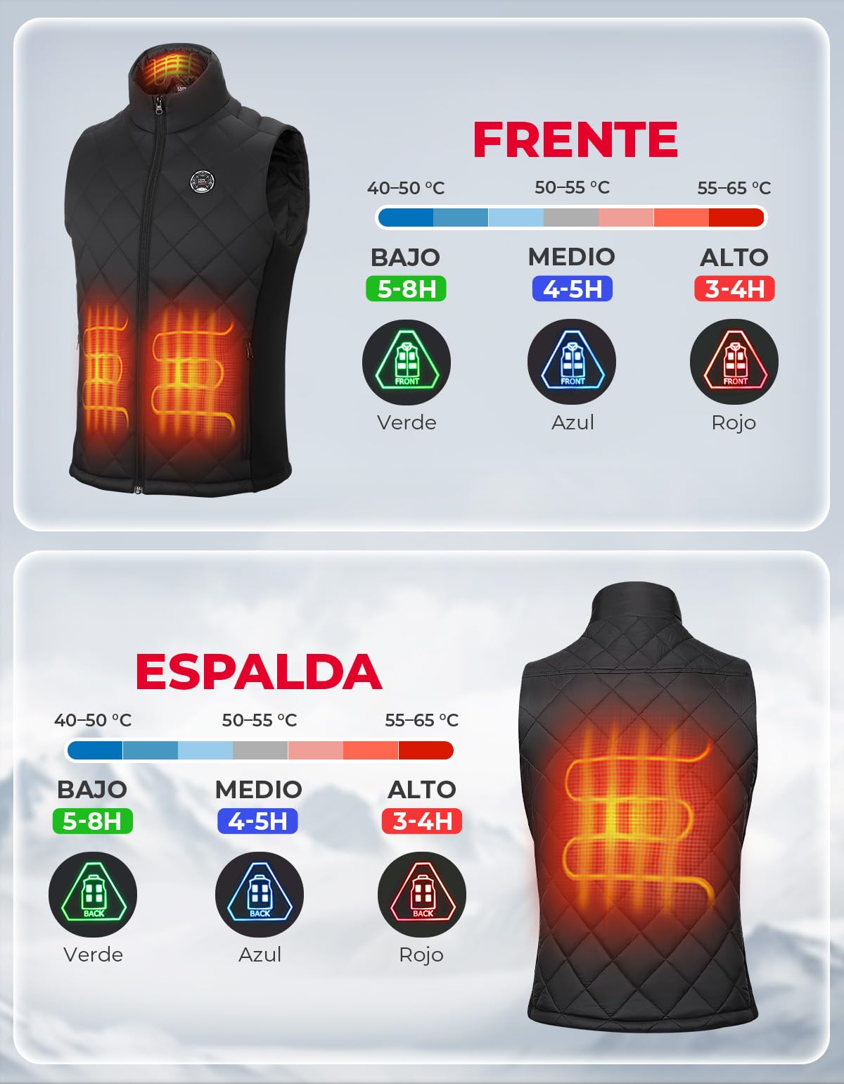 KEMIMOTO Chaleco Calefactable Mujer con Control APP, Control independiente, Chaleco Térmico Corte Elegante y Ajustado Batería 10000 mAh, 4 Zonas Calefactora Pesca Senderismo