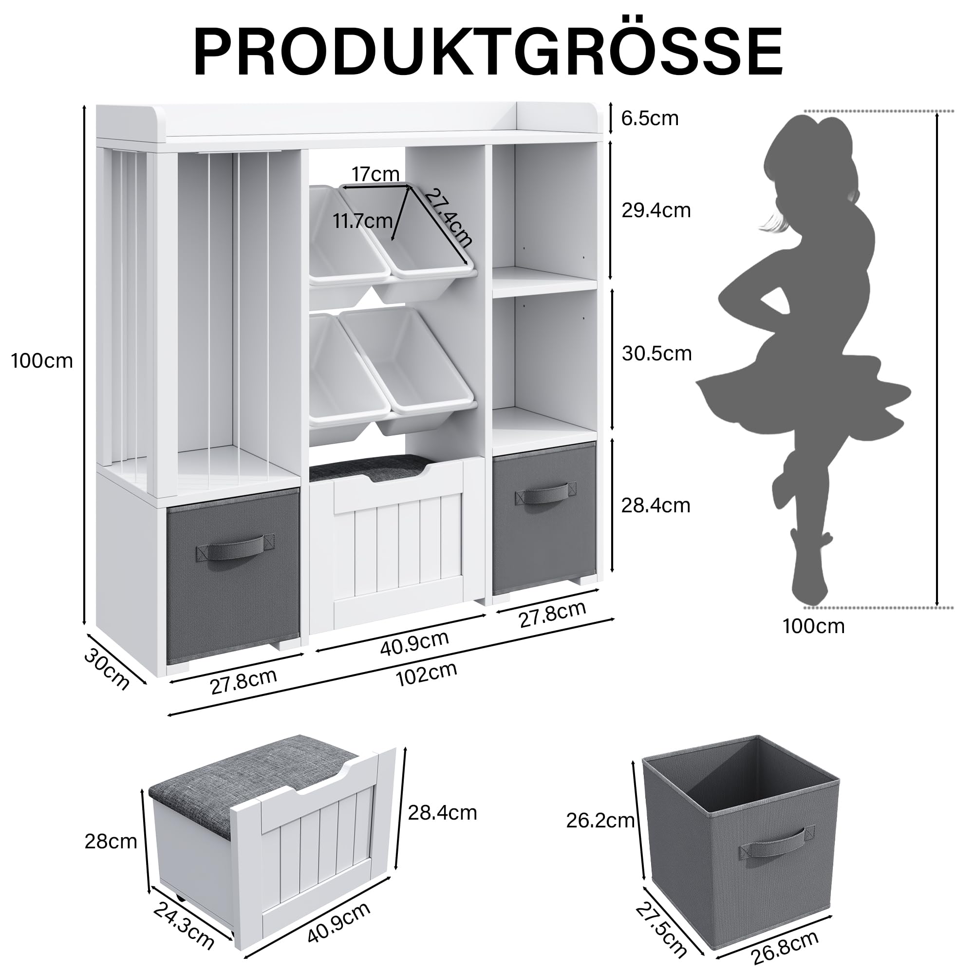 Jehiatek Kinderregal mit Stauraum-Sitzbank, Holz Spielzeugregal mit Kuscheltierfach, 2 Regalböden, 2 Stoffschubladen und 4 Aufbewahrungsboxen, Bücherregal für Kinderzimmer, Spielzimmer & Schlafzimmer