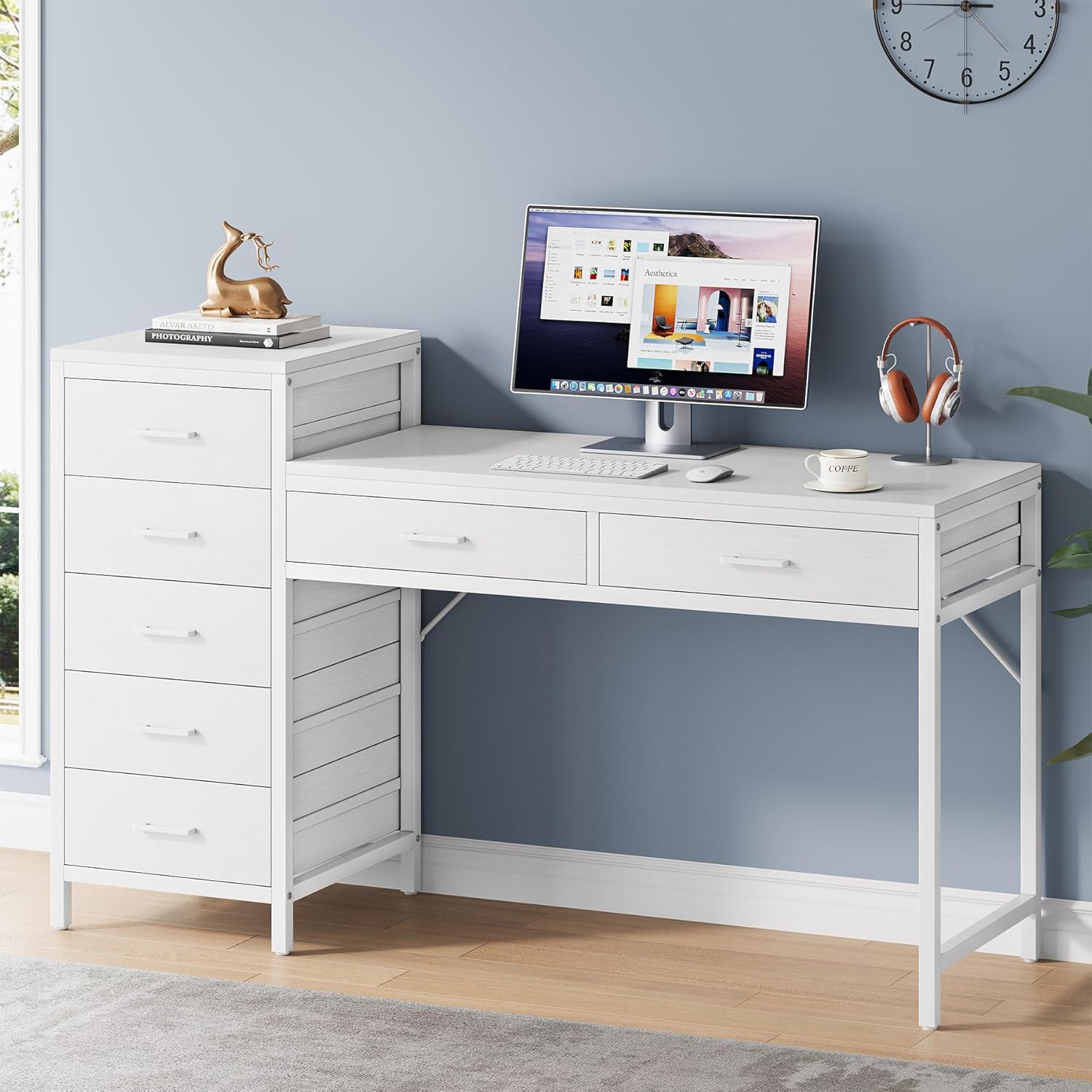 Computer Desk with Reversible Drawer, 55 inch Home Office Desks with 7 Drawers, Modern Compact Study Writing Table Workstation with Storage for Small Spaces, All White