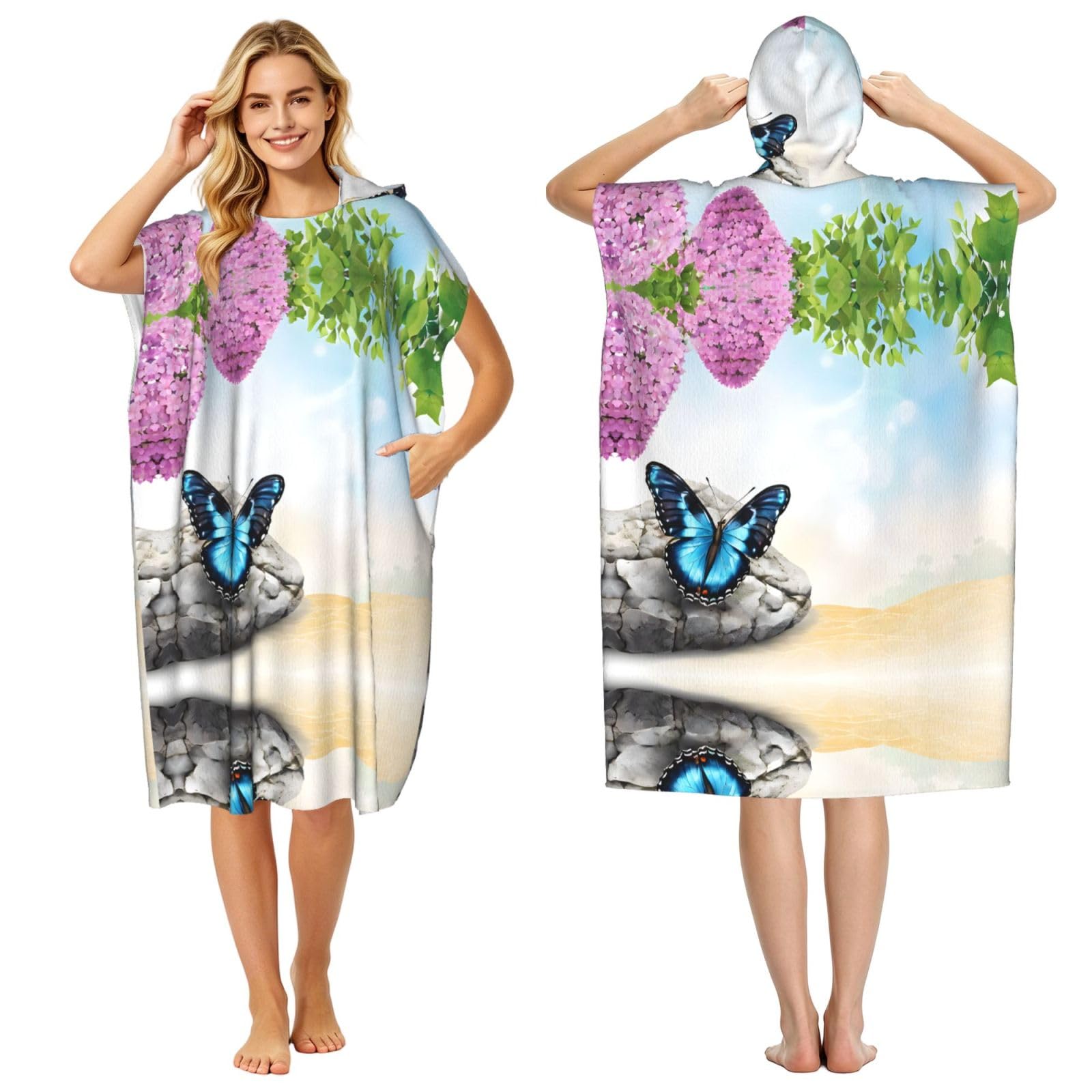 Poncho à capuche microfibre léger imprimé papillons serviette adulte compacte