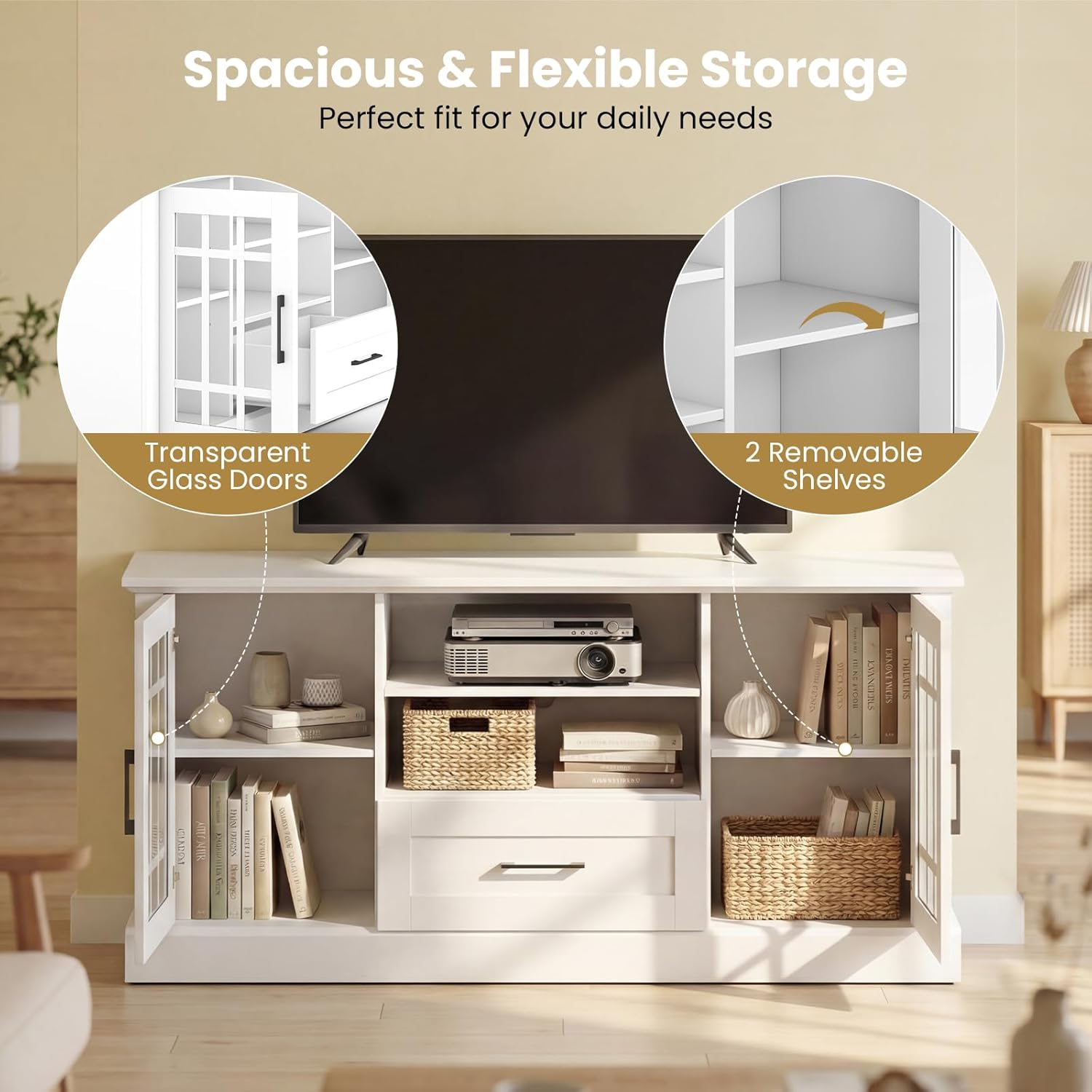 LOKO 62 Inch TV Cabinet, Media Console Table w/ 2 Glass Door Cabinets & Drawer, Fit TVs up to 70”, Cable Management Holes, Farmhouse Style TV Stand for Living Room, Bedroom (White)