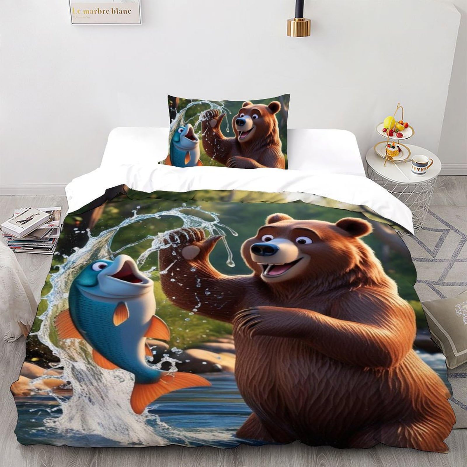 Housse de couette ours microfibres 135x200 pour lit enfant avec taies d'oreiller animaux