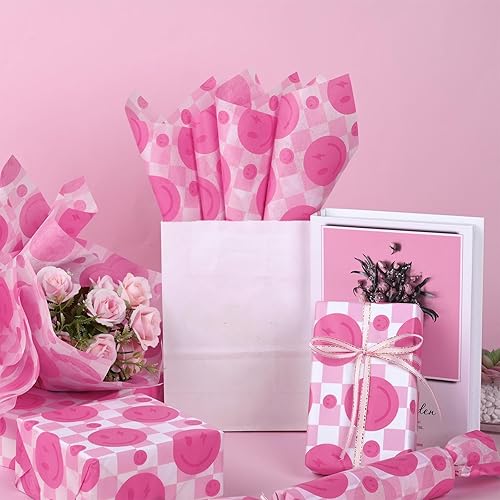 Miniatura 3 de 100 hojas de 20 x 14 papel de seda preparado, rosa intenso, cara sonriente, rosa y blanco, a cuadros, papel de seda Y2K para bolsas de regalo para