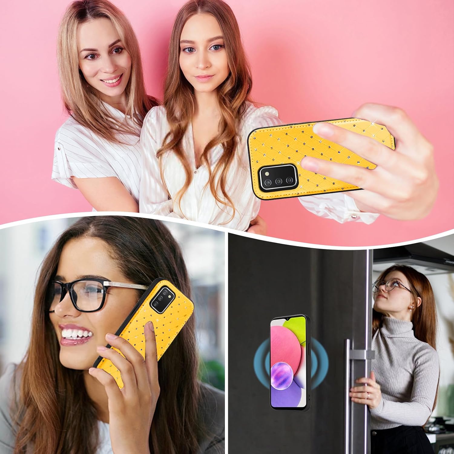 Phone Case for Samsung Galaxy A03s US Version 5G 2022 Zipper Wallet Detachable Cell Cover Screen Protector Crossbody Strap Bling Flip Credit Card Holder Ao3s A 03s SM-A037U SM A037U Women Yellow