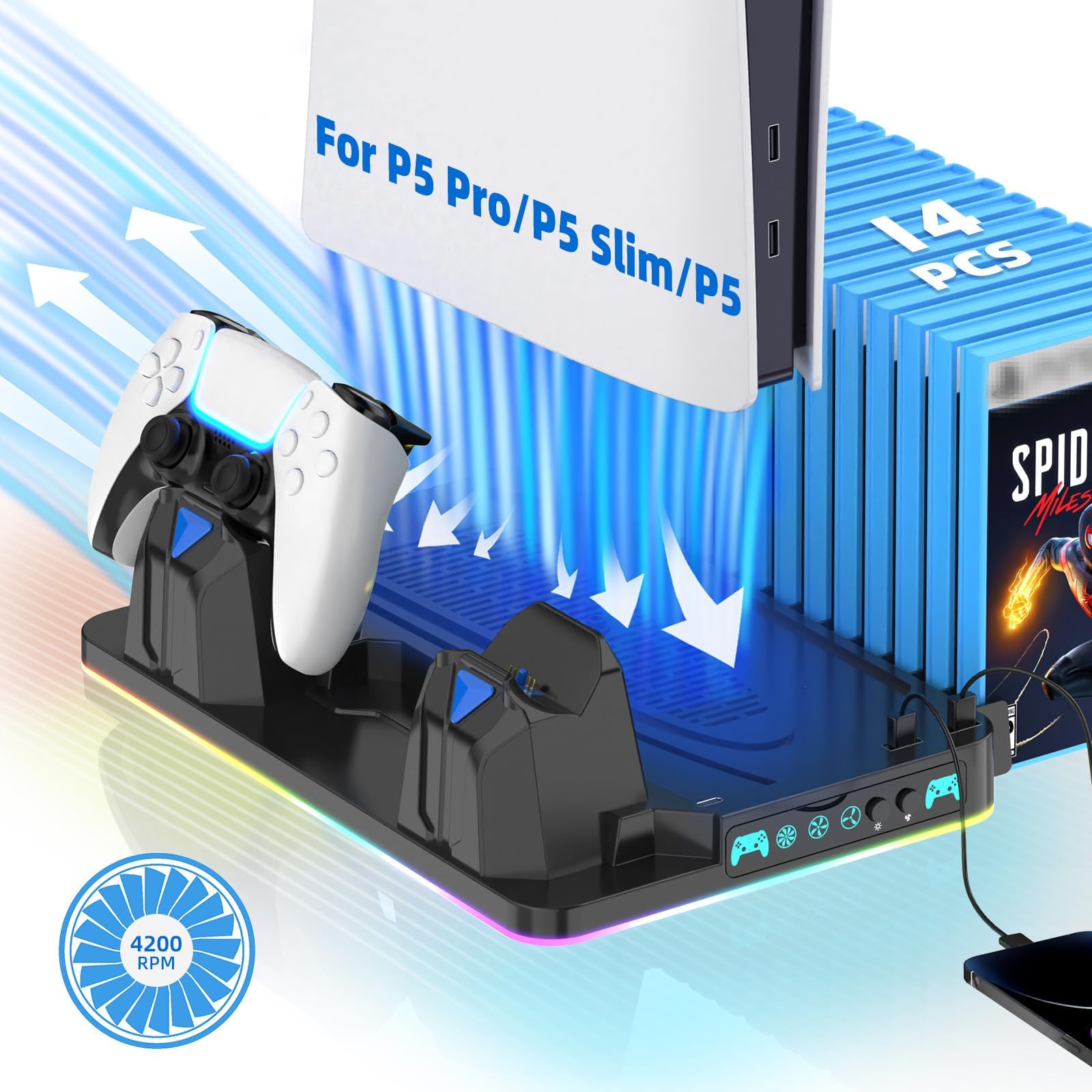 - PS5/Slim/Pro Cooling Stand for Disc&Digital with Dual Controller Charging, Multi-Function P5 Accessories 3-Level Cooling Fan, 9 Lighting Modes with Games Storage Slot, Black