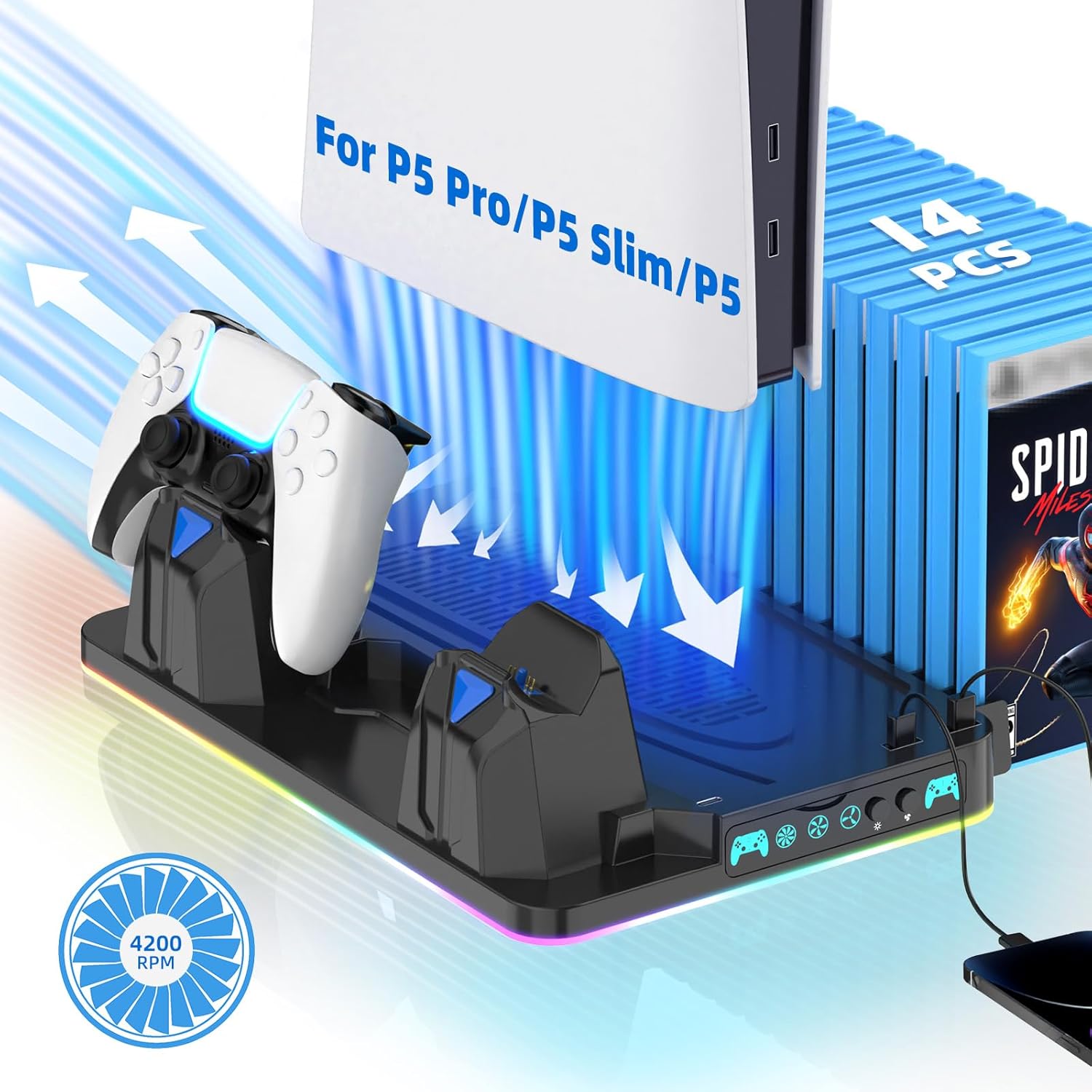 PS5/Slim/Pro Cooling Stand for Disc&Digital with Dual Controller Charging, Multi-Function P5 Accessories 3-Level Cooling Fan, 9 Lighting Modes with Games Storage Slot, Black