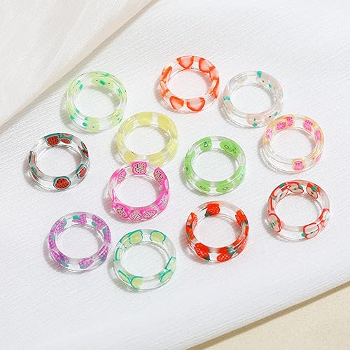 Miniatura 2 de 12 piezas de resina anillos de frutas conjunto indie anillos estéticos de verano colorido plástico transparente acrílico anillos lindo fresa kiwi